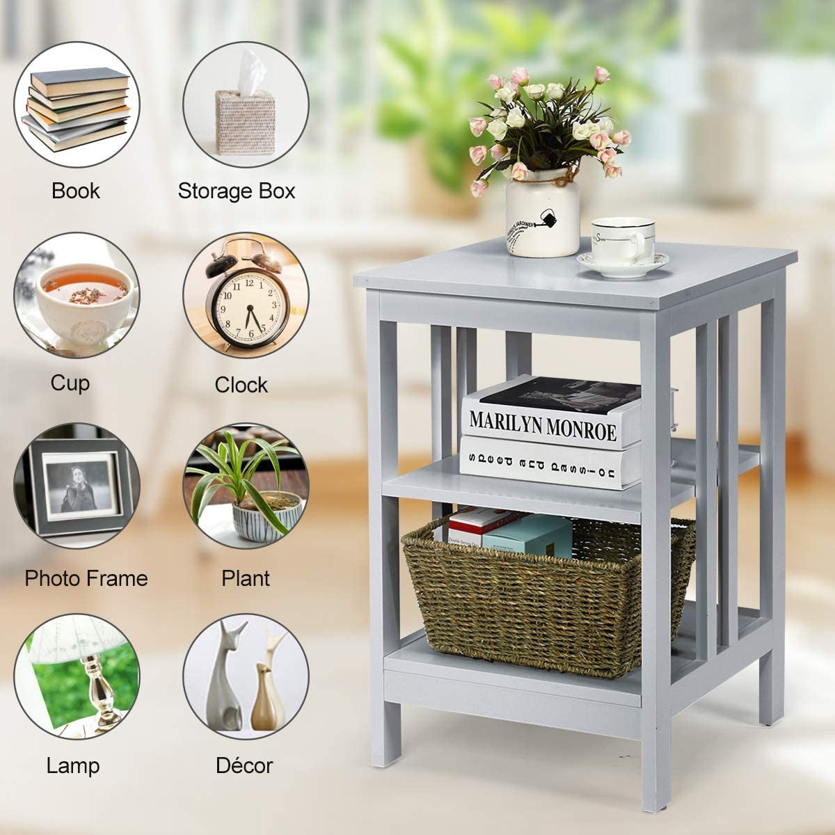 Set of 2 Multifunctional 3-Tier Nightstand Sofa Side Table with Reinforced Bars and Stable Structure-Gray-End & Side Tables-DECOROLALA