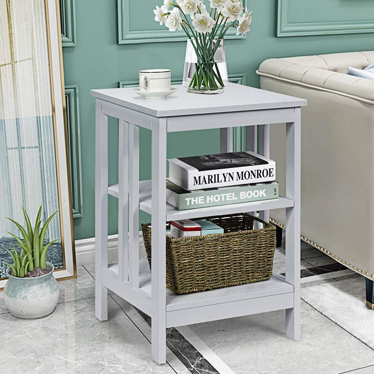 Set of 2 Multifunctional 3-Tier Nightstand Sofa Side Table with Reinforced Bars and Stable Structure-Gray-End & Side Tables-DECOROLALA