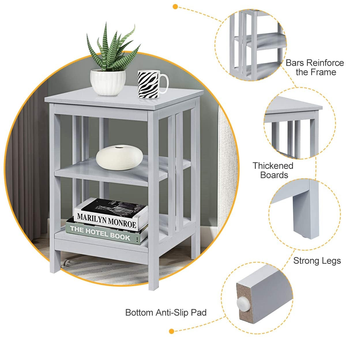 Set of 2 Multifunctional 3-Tier Nightstand Sofa Side Table with Reinforced Bars and Stable Structure-Gray-End & Side Tables-DECOROLALA