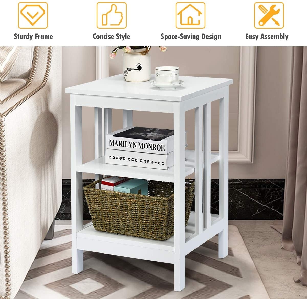 Set of 2 Multifunctional 3-Tier Nightstand Sofa Side Table with Reinforced Bars and Stable Structure-White-End & Side Tables-DECOROLALA