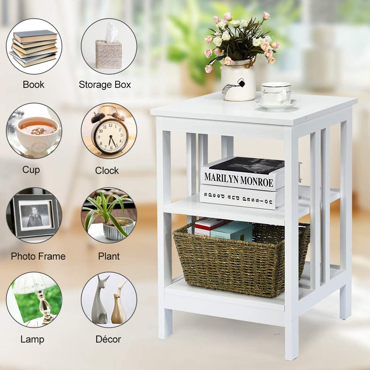 Set of 2 Multifunctional 3-Tier Nightstand Sofa Side Table with Reinforced Bars and Stable Structure-White-End & Side Tables-DECOROLALA