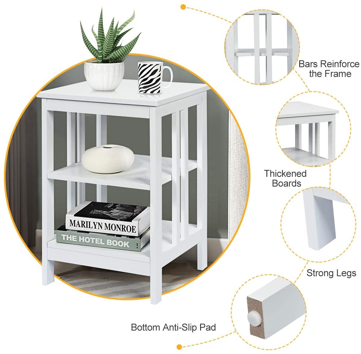 Set of 2 Multifunctional 3-Tier Nightstand Sofa Side Table with Reinforced Bars and Stable Structure-White-End & Side Tables-DECOROLALA