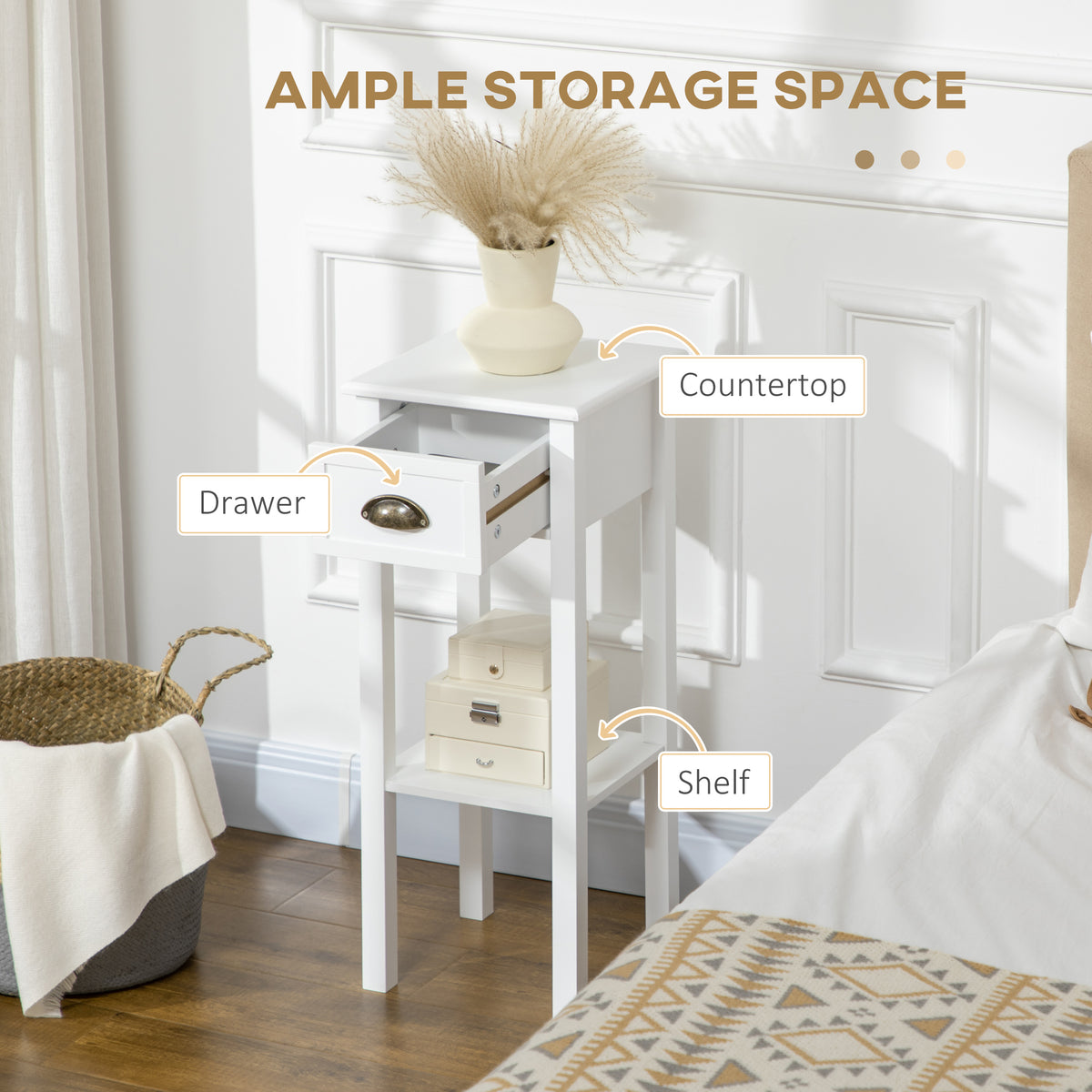 Set of 2 Narrow Side Tables with Drawer and Shelf - White-Home Furnishings > Living Room Furniture > Side¬†Tables-DECOROLALA