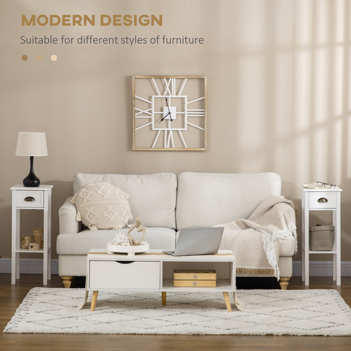 Set of 2 Narrow Side Tables with Drawer and Shelf - White-Home Furnishings > Living Room Furniture > Side¬†Tables-DECOROLALA