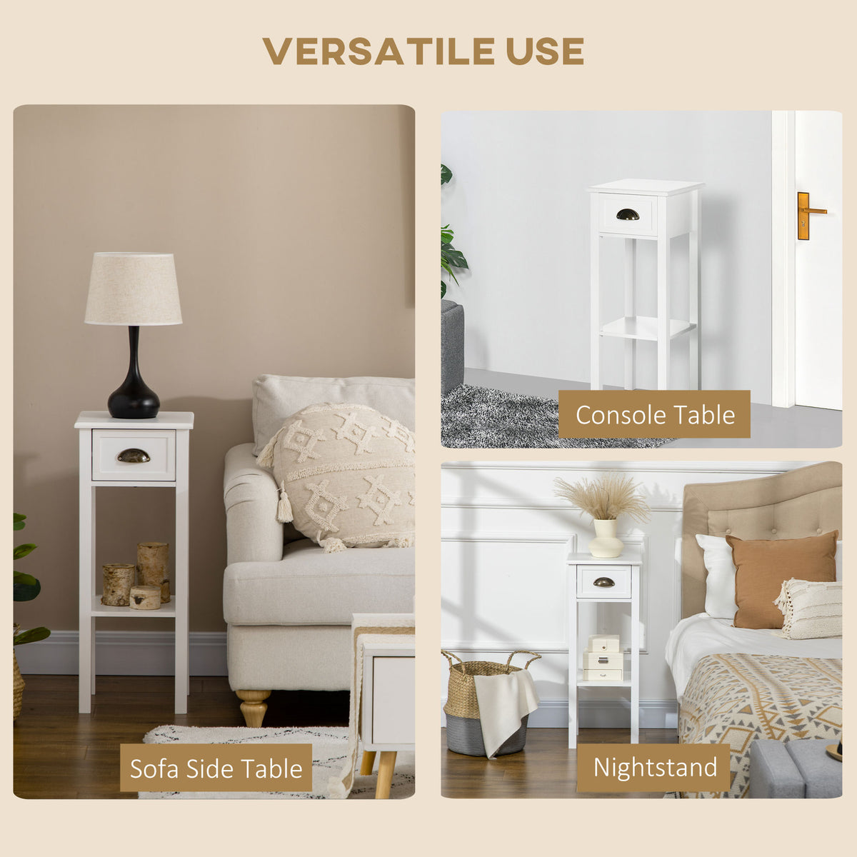 Set of 2 Narrow Side Tables with Drawer and Shelf - White-Home Furnishings > Living Room Furniture > Side¬†Tables-DECOROLALA