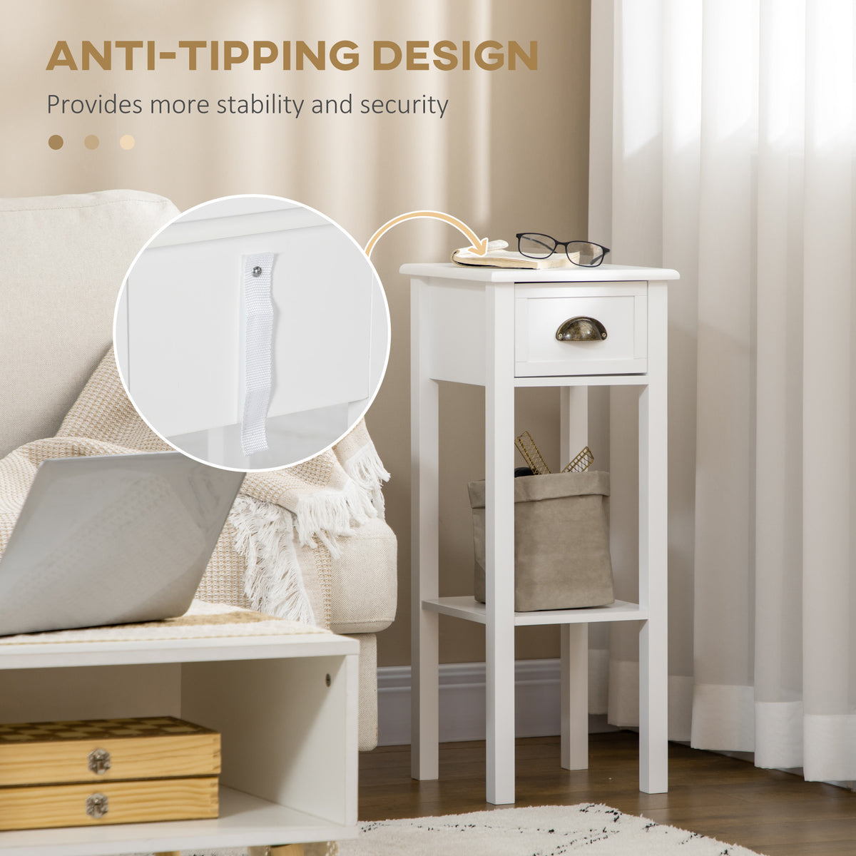 Set of 2 Narrow Side Tables with Drawer and Shelf - White-Home Furnishings > Living Room Furniture > Side¬†Tables-DECOROLALA