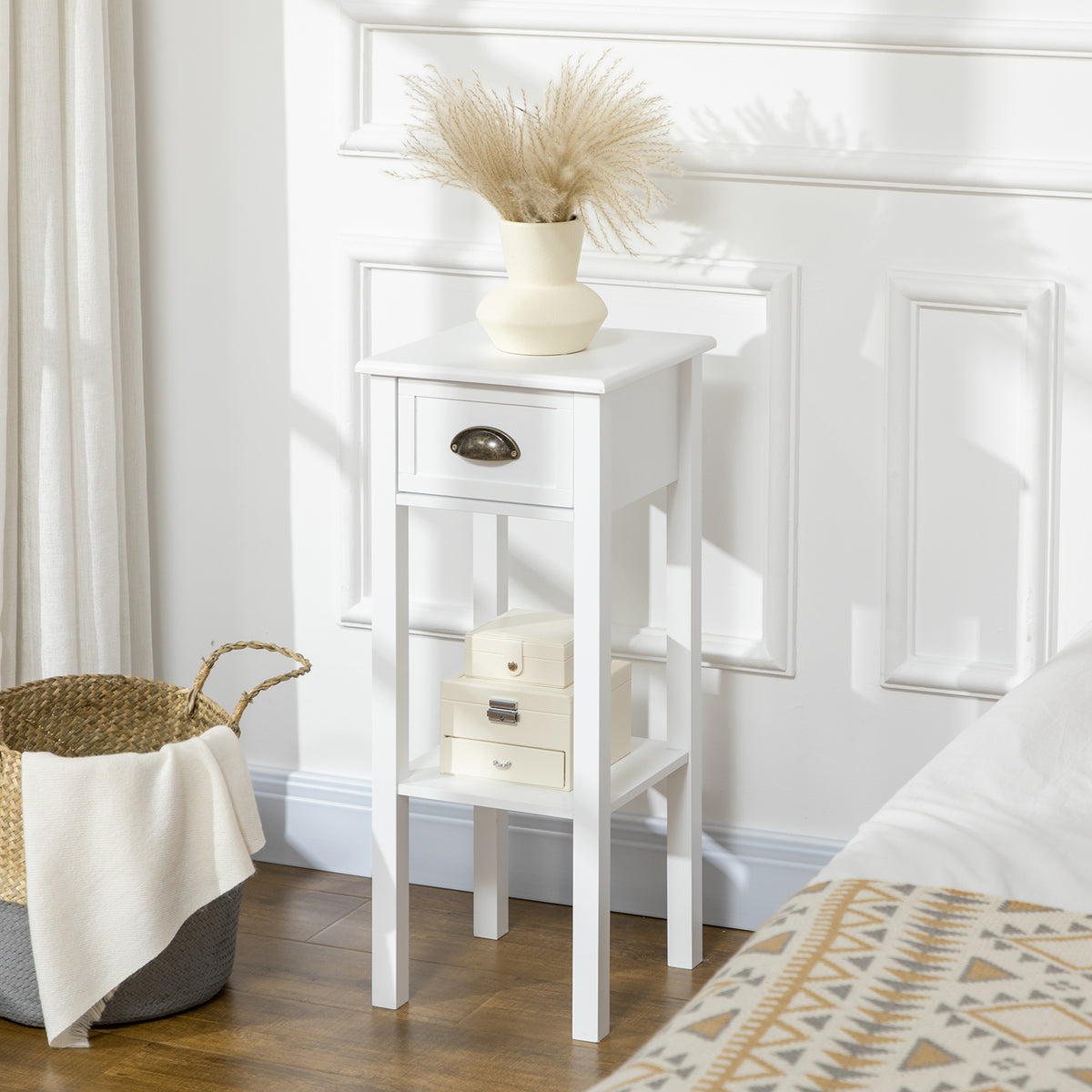 Set of 2 Narrow Side Tables with Drawer and Shelf - White-Home Furnishings > Living Room Furniture > Side¬†Tables-DECOROLALA