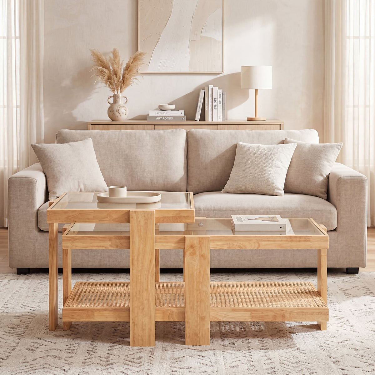 Set of 2 Nesting Coffee Table with Boho Rattan Accent Table-Natural-Coffee Tables-DECOROLALA