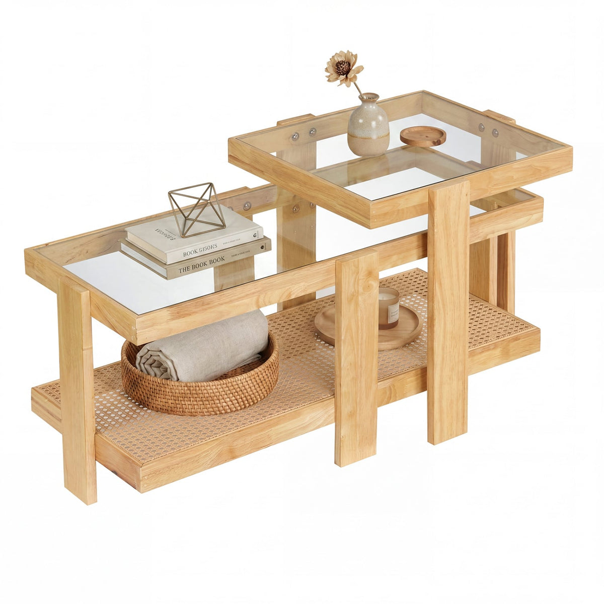 Set of 2 Nesting Coffee Table with Boho Rattan Accent Table-Natural-Coffee Tables-DECOROLALA