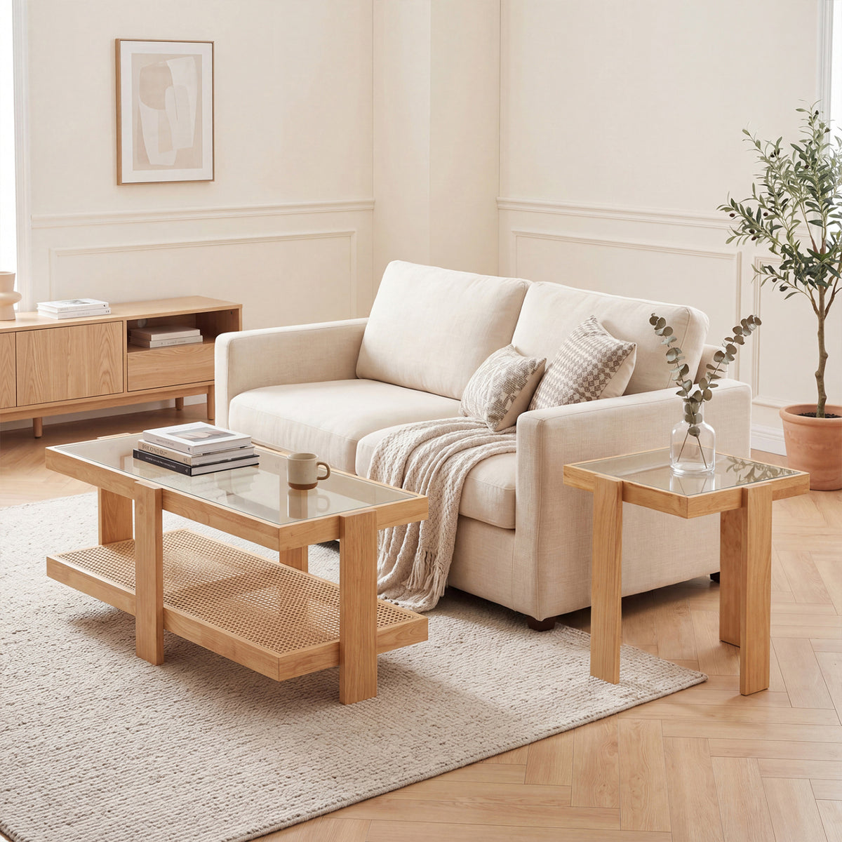 Set of 2 Nesting Coffee Table with Boho Rattan Accent Table-Natural-Coffee Tables-DECOROLALA