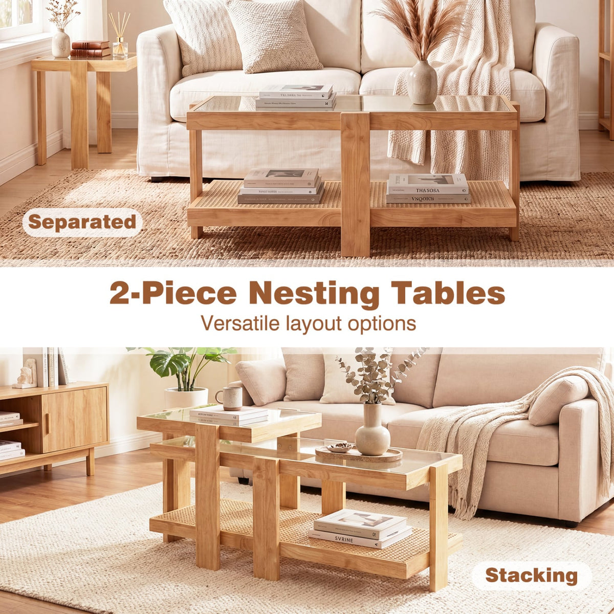 Set of 2 Nesting Coffee Table with Boho Rattan Accent Table-Natural-Coffee Tables-DECOROLALA