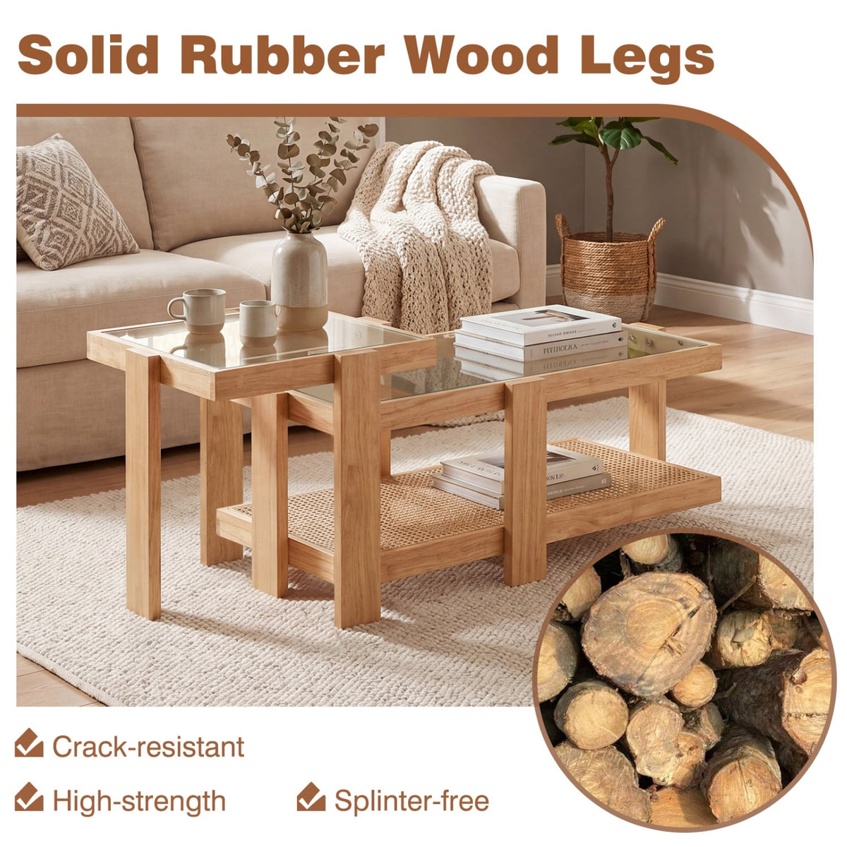 Set of 2 Nesting Coffee Table with Boho Rattan Accent Table-Natural-Coffee Tables-DECOROLALA