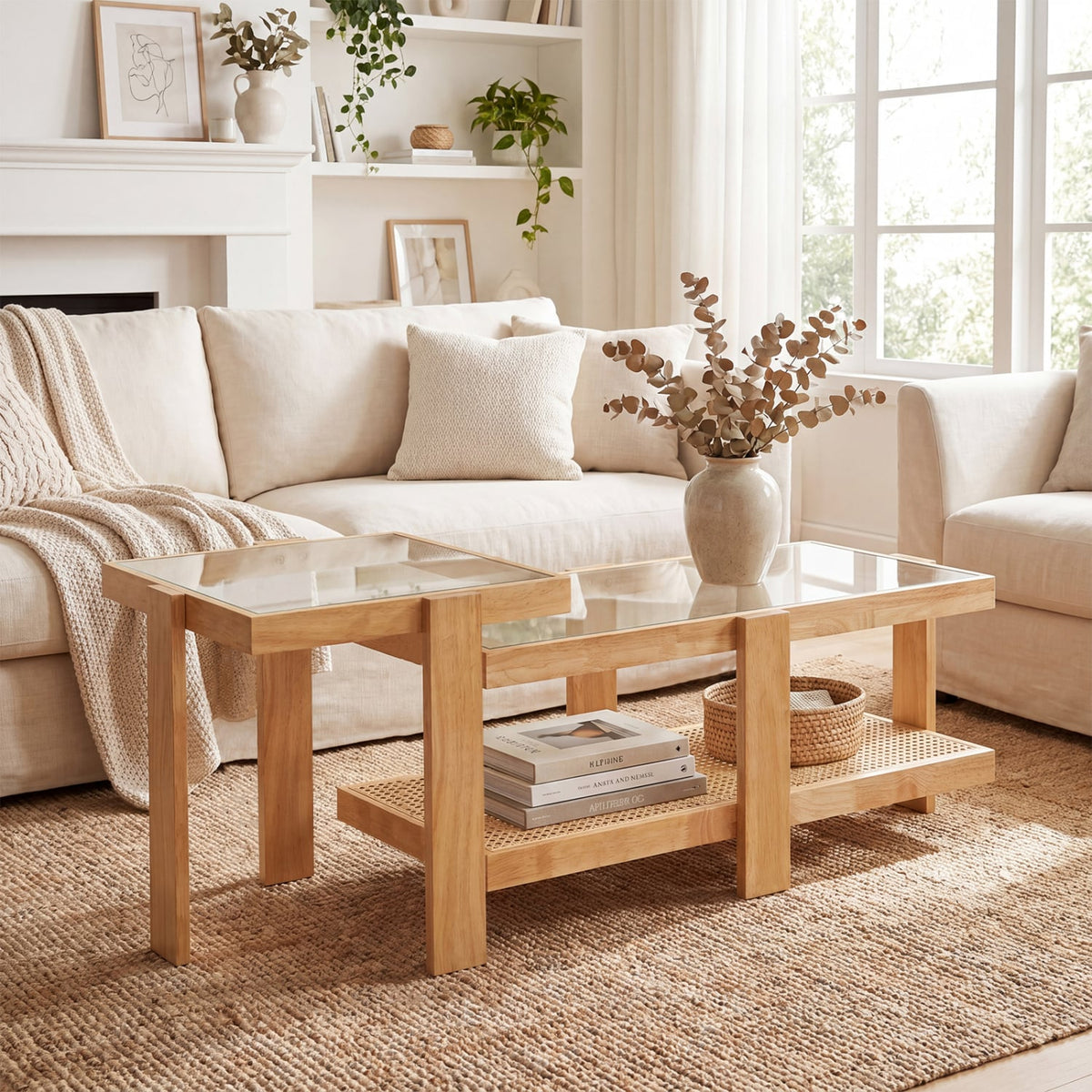Set of 2 Nesting Coffee Table with Boho Rattan Accent Table-Natural-Coffee Tables-DECOROLALA