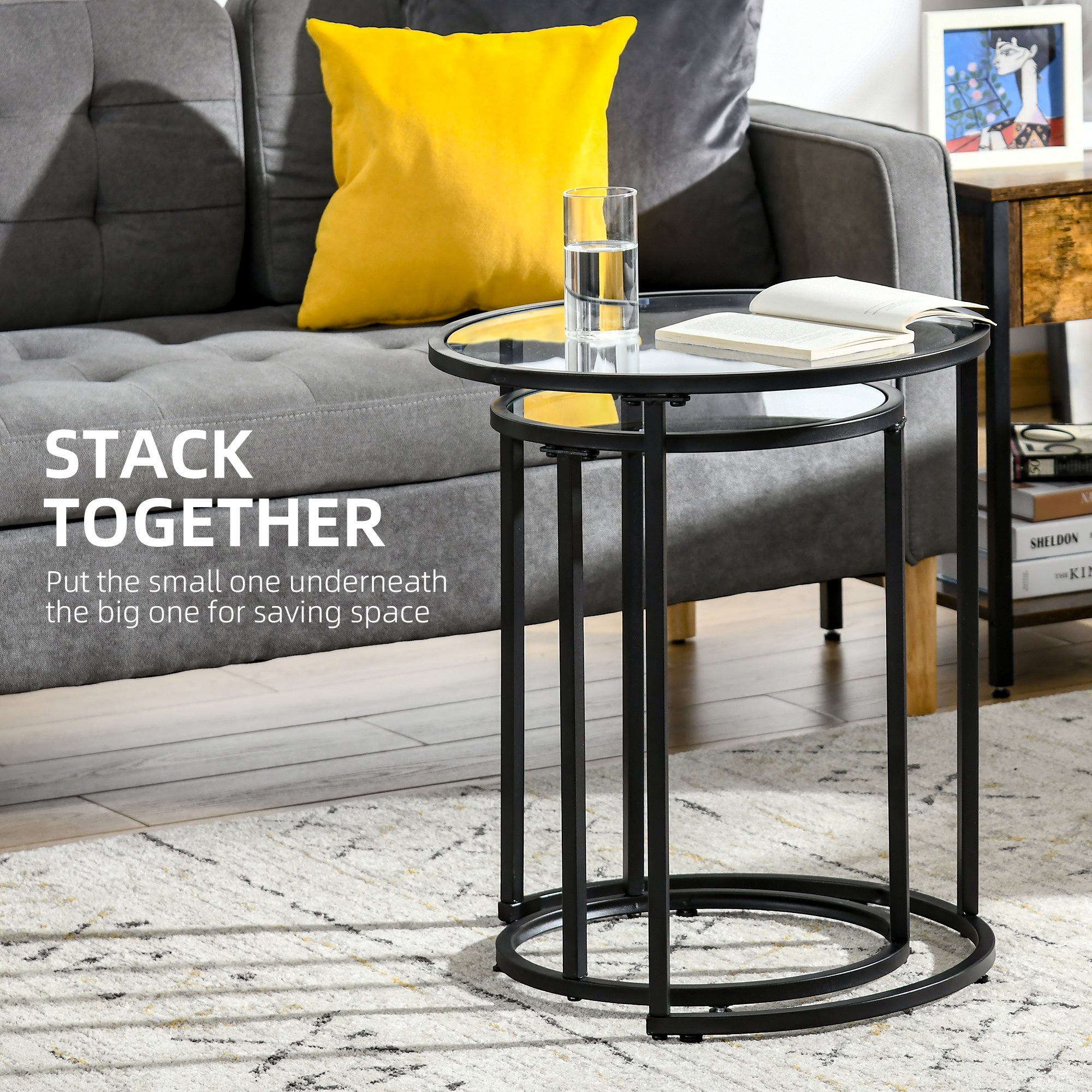 Set of 2 Nesting Coffee Tables - Glass and Metal Black-Home Furnishings > Living Room Furniture > Side¬†Tables-DECOROLALA