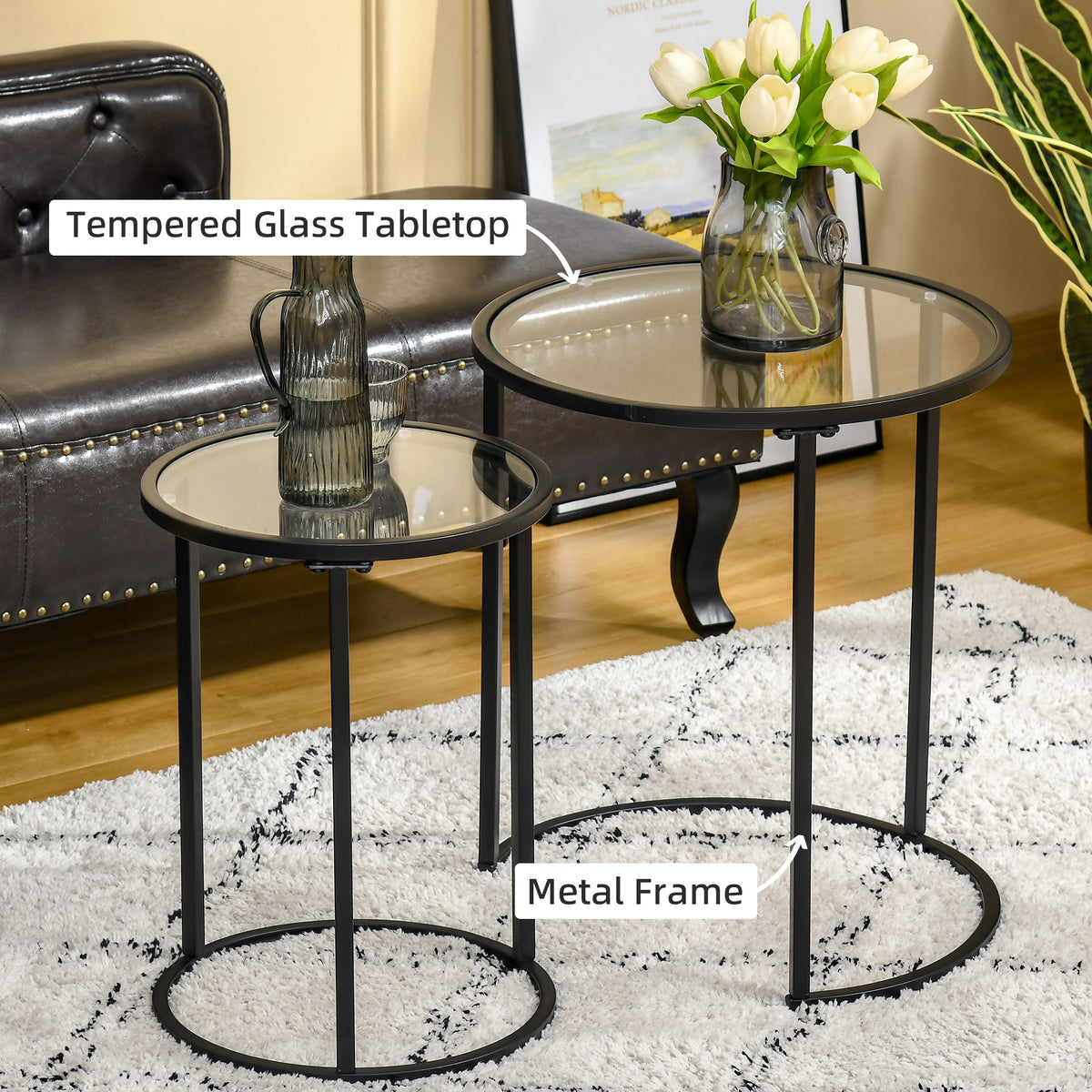 Set of 2 Nesting Coffee Tables - Glass and Metal Black-Home Furnishings > Living Room Furniture > Side¬†Tables-DECOROLALA
