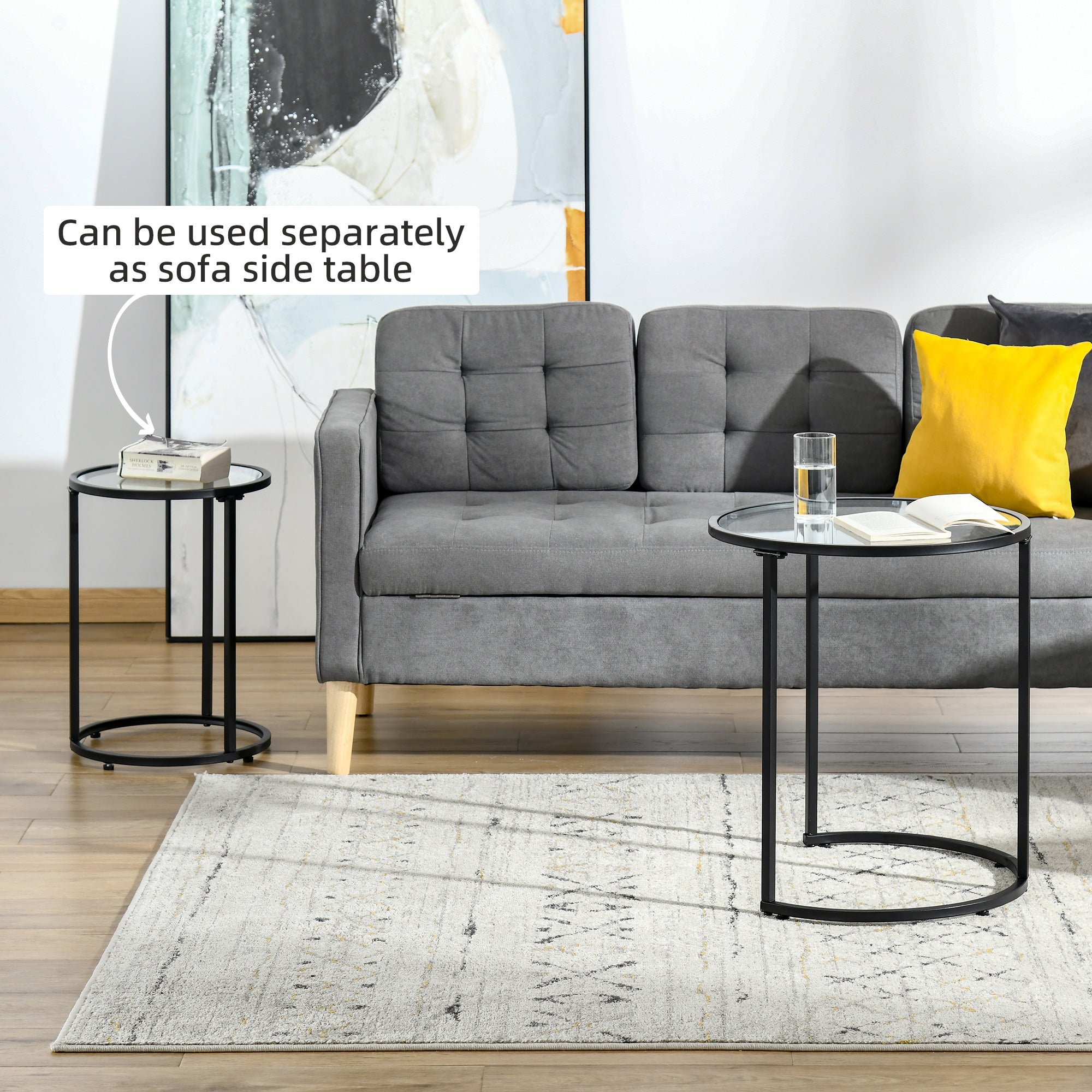 Set of 2 Nesting Coffee Tables - Glass and Metal Black-Home Furnishings > Living Room Furniture > Side¬†Tables-DECOROLALA