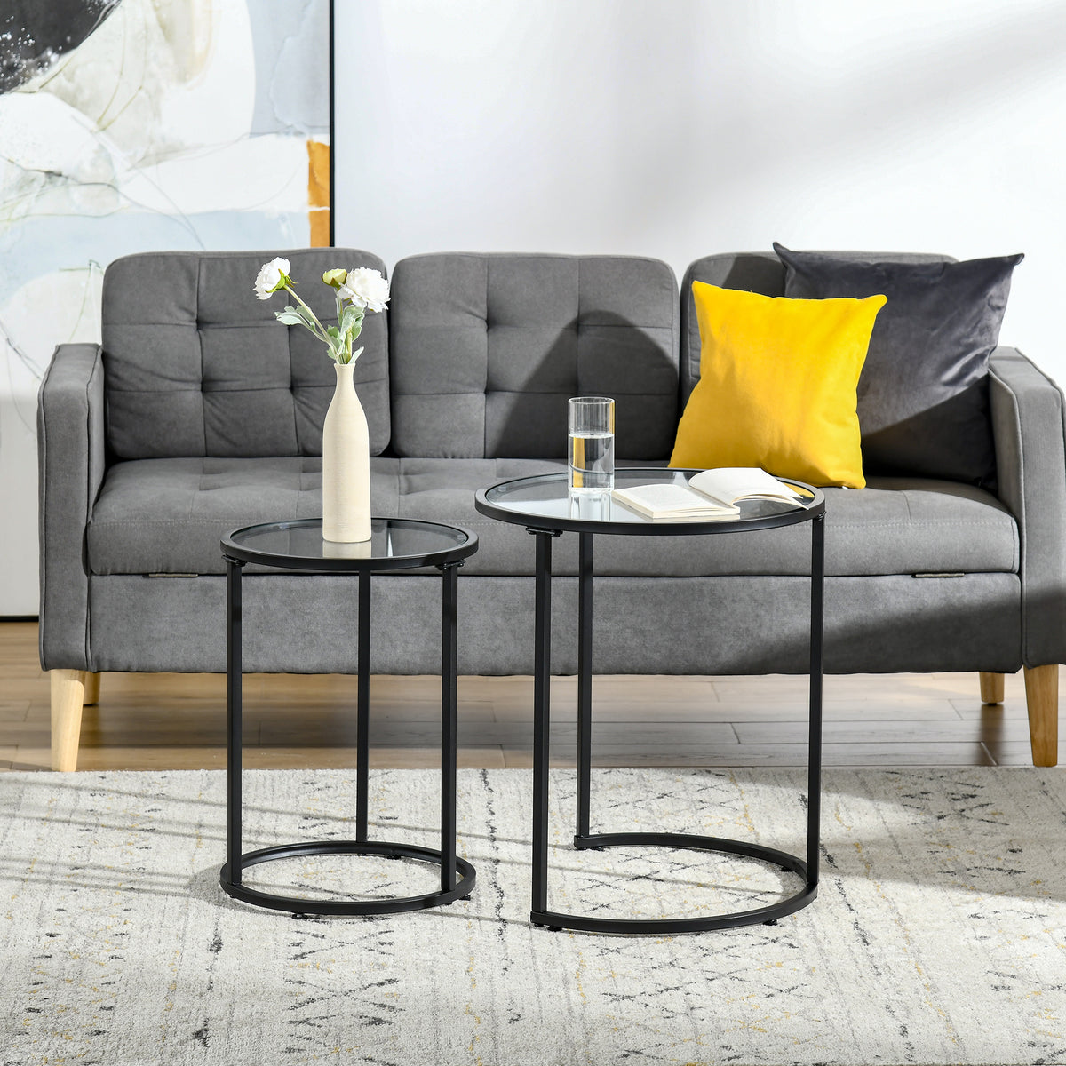 Set of 2 Nesting Coffee Tables - Glass and Metal Black-Home Furnishings > Living Room Furniture > Side¬†Tables-DECOROLALA