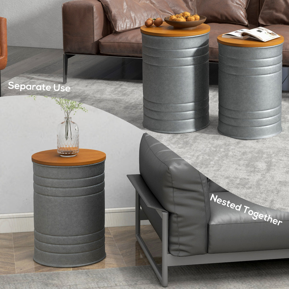 Set of 2 Nesting Side Tables with Storage - Grey-Home Furnishings > Living Room Furniture > Side¬†Tables-DECOROLALA