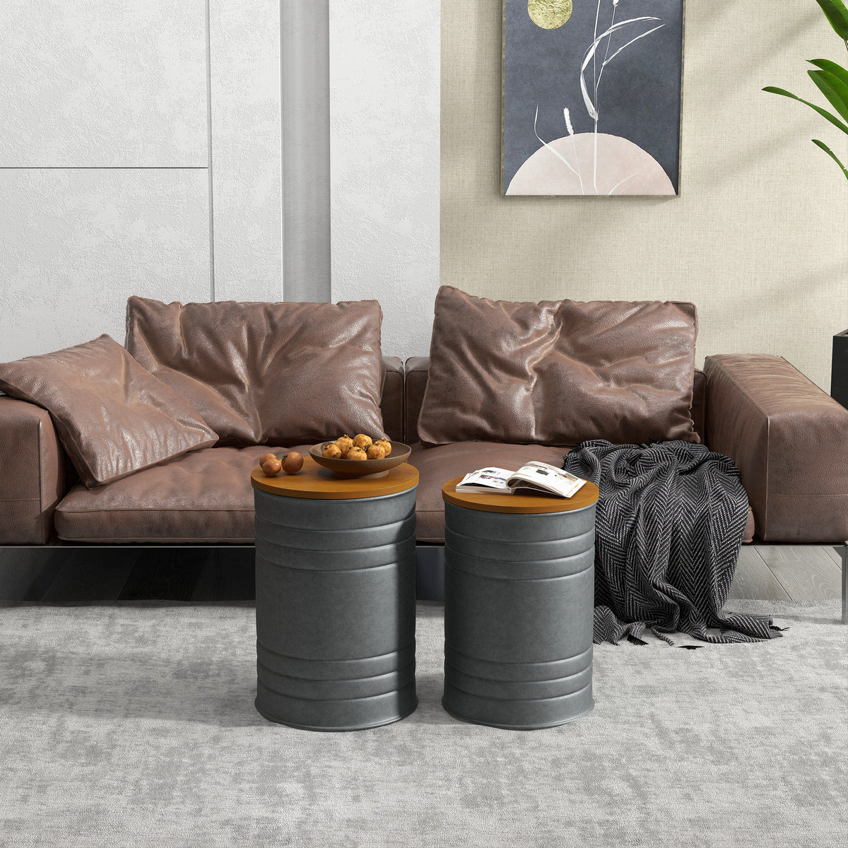 Set of 2 Nesting Side Tables with Storage - Grey-Home Furnishings > Living Room Furniture > Side¬†Tables-DECOROLALA