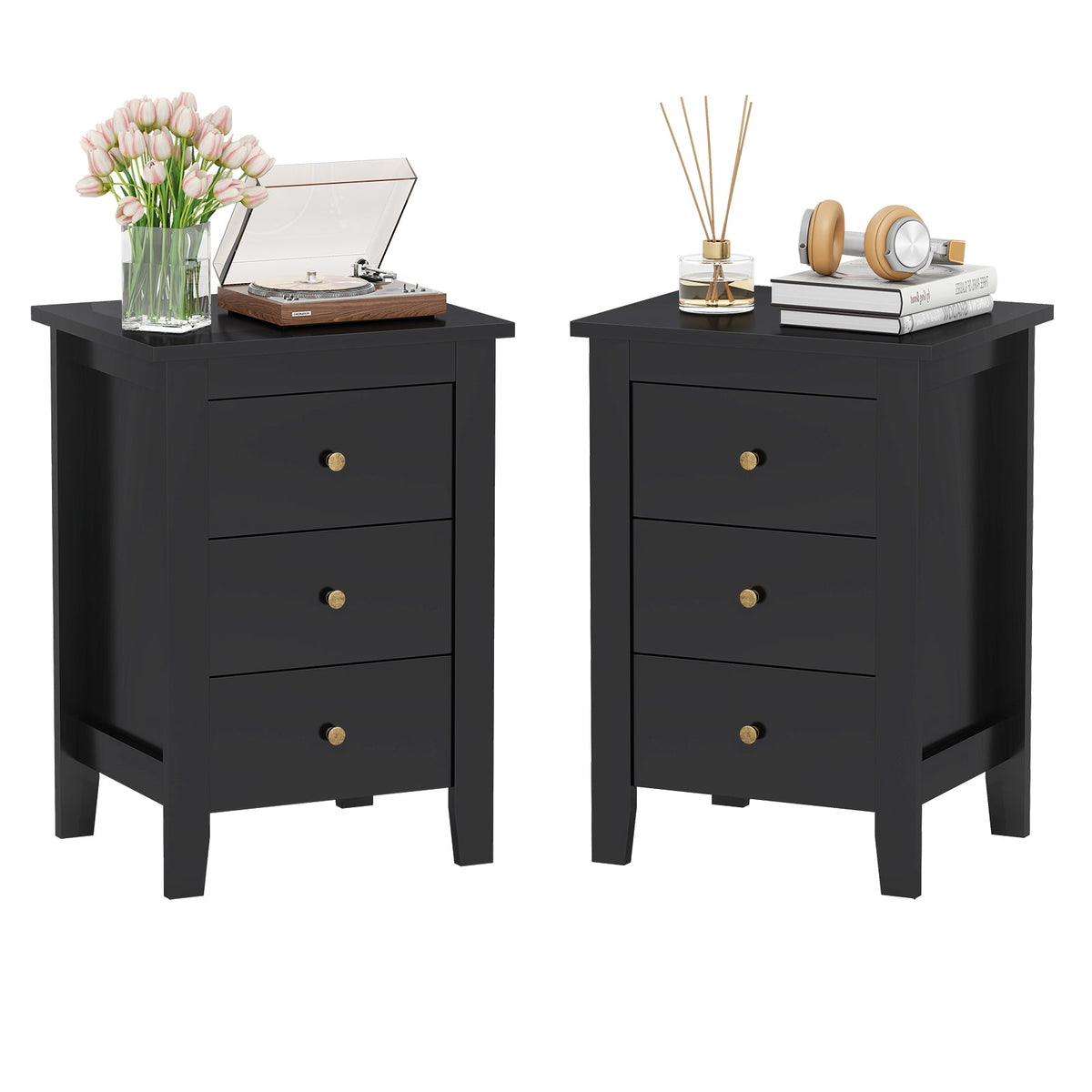Set of 2 Nightstand End Beside Table Drawers-Black-Nightstands-DECOROLALA