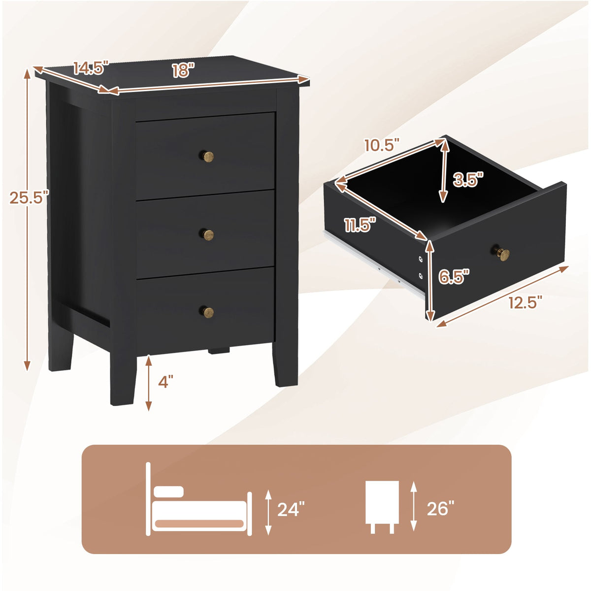 Set of 2 Nightstand End Beside Table Drawers-Black-Nightstands-DECOROLALA