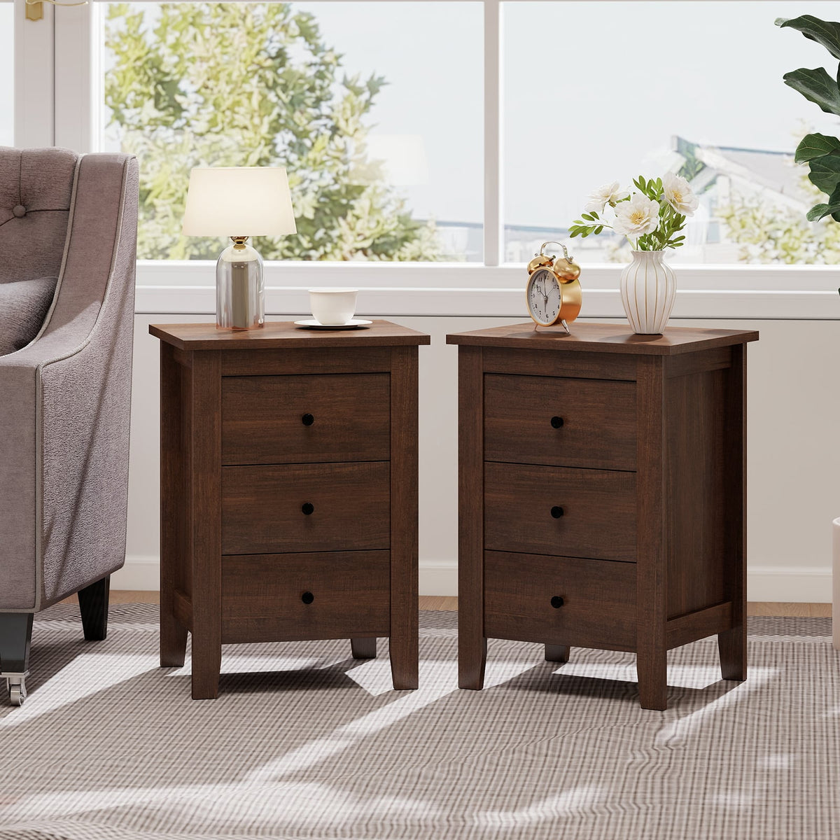 Set of 2 Nightstand End Beside Table Drawers-Walnut-Nightstands-DECOROLALA