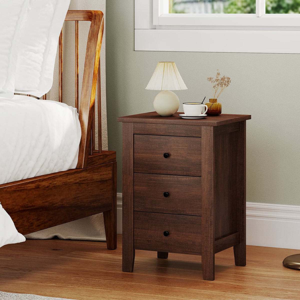 Set of 2 Nightstand End Beside Table Drawers-Walnut-Nightstands-DECOROLALA