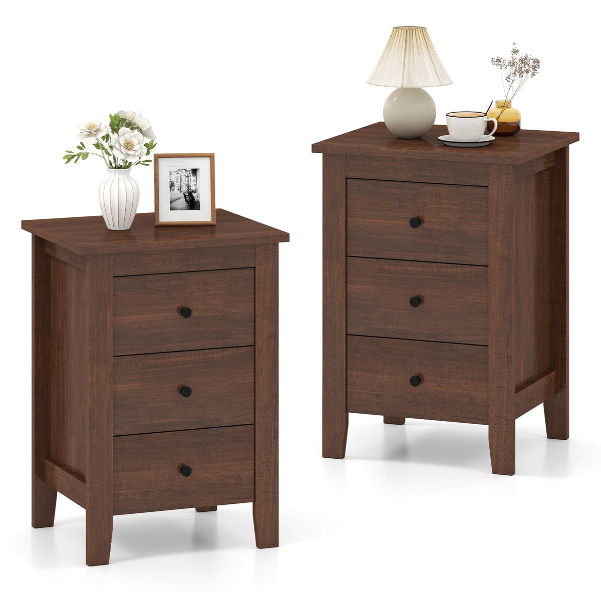 Set of 2 Nightstand End Beside Table Drawers-Walnut-Nightstands-DECOROLALA