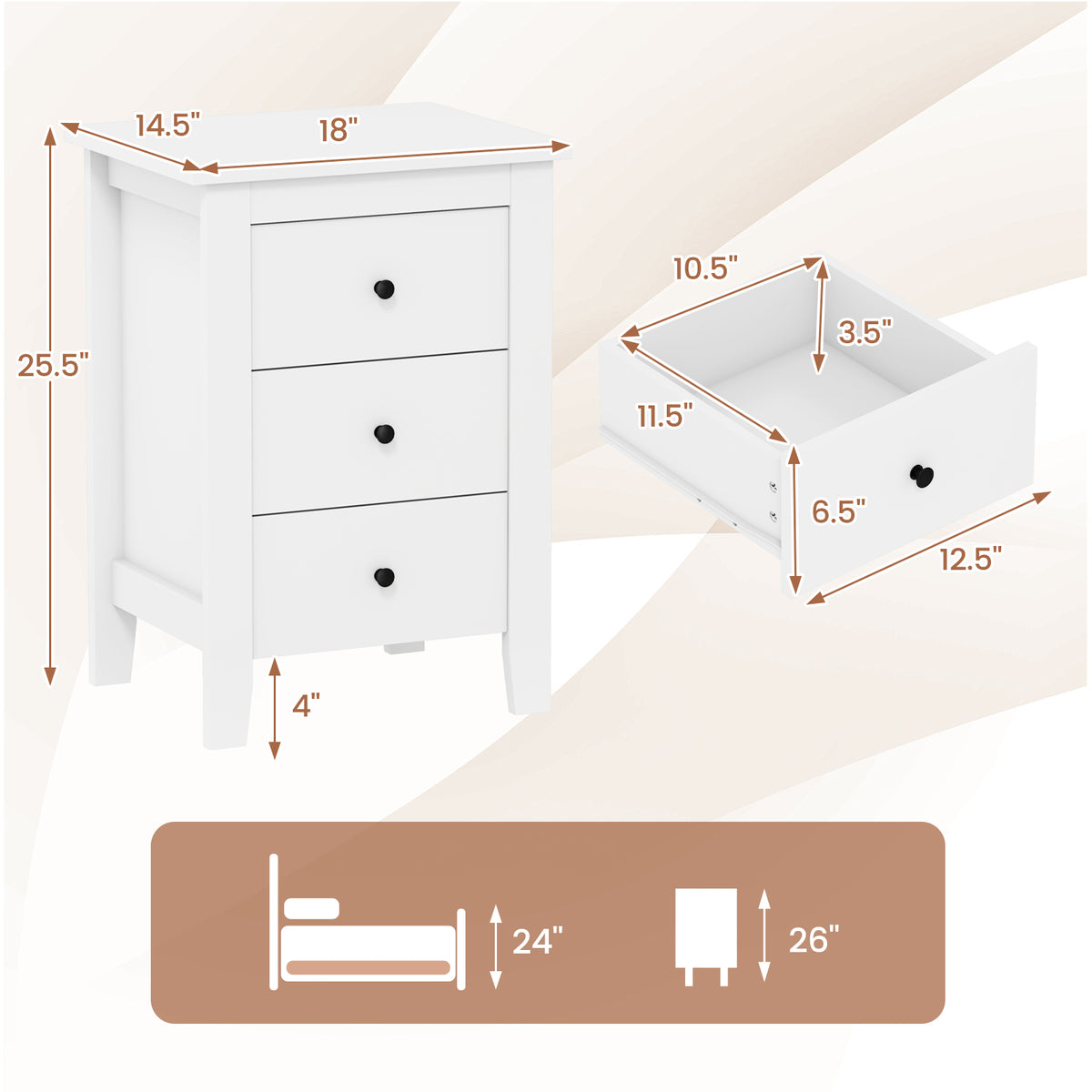 Set of 2 Nightstand End Beside Table Drawers-White-Nightstands-DECOROLALA