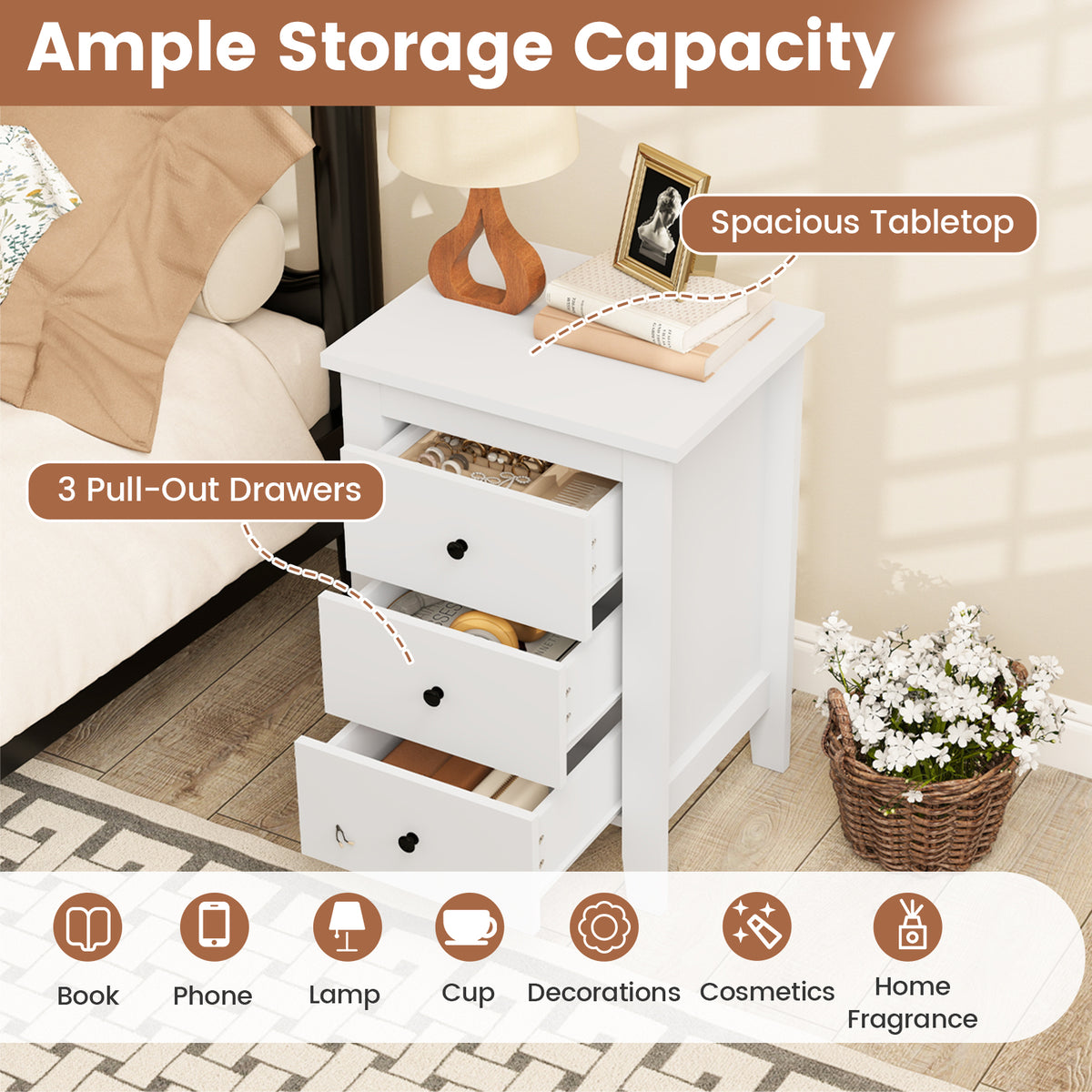 Set of 2 Nightstand End Beside Table Drawers-White-Nightstands-DECOROLALA