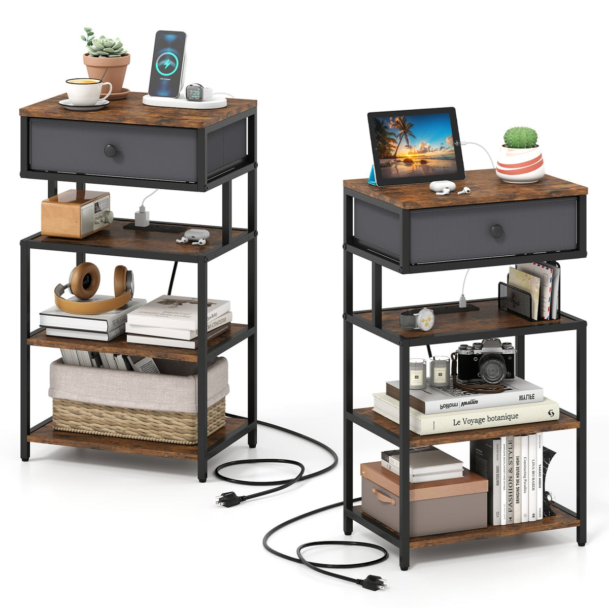 Set of 2 Nightstand with Charging Station 28 Inch Tall Bedside Table with Fabric Drawer-Rustic Brown-Nightstands-DECOROLALA