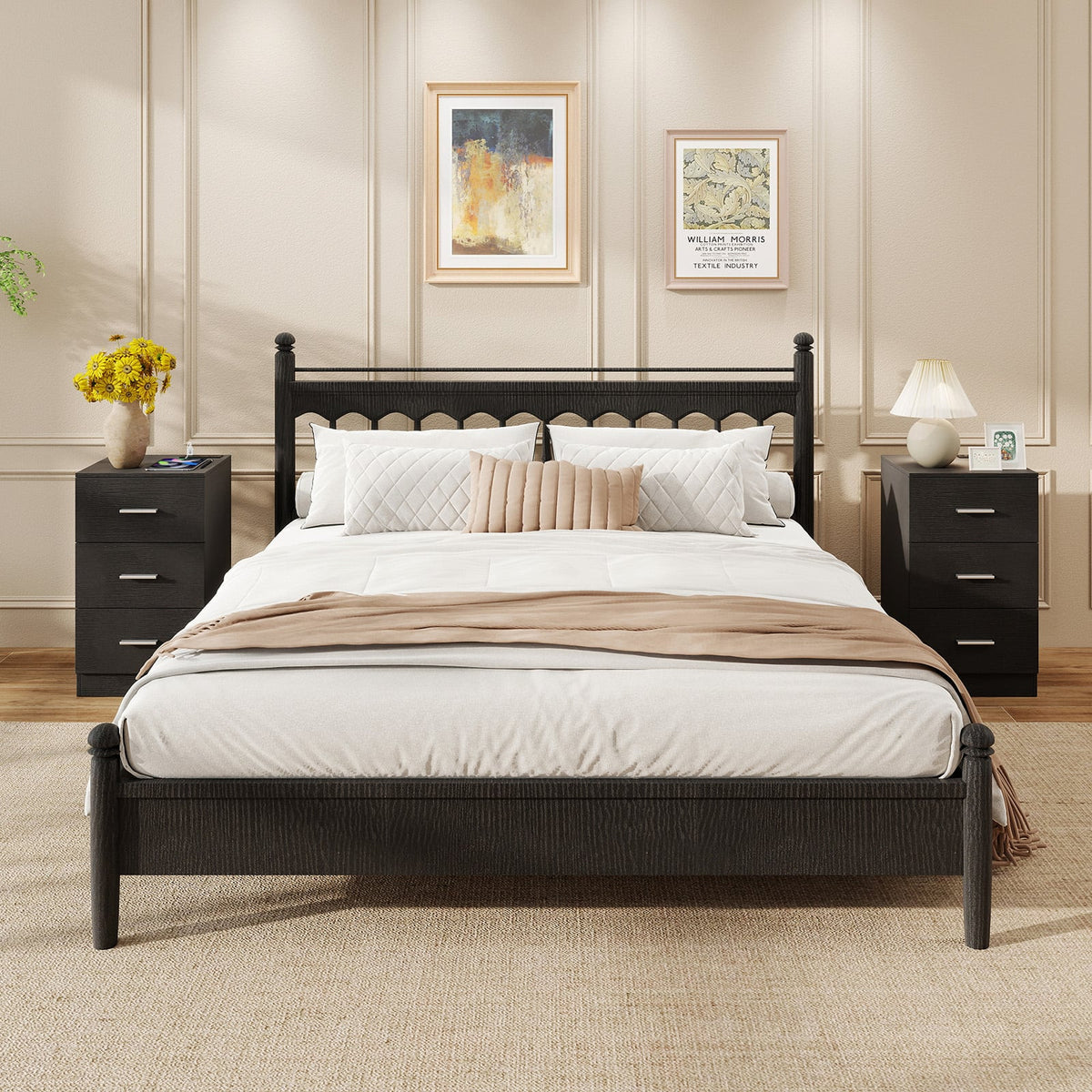 Set of 2 Nightstand with Charging Station End Table with 3 Storage Drawers Bedside Table for Bedroom-Black-Nightstands-DECOROLALA
