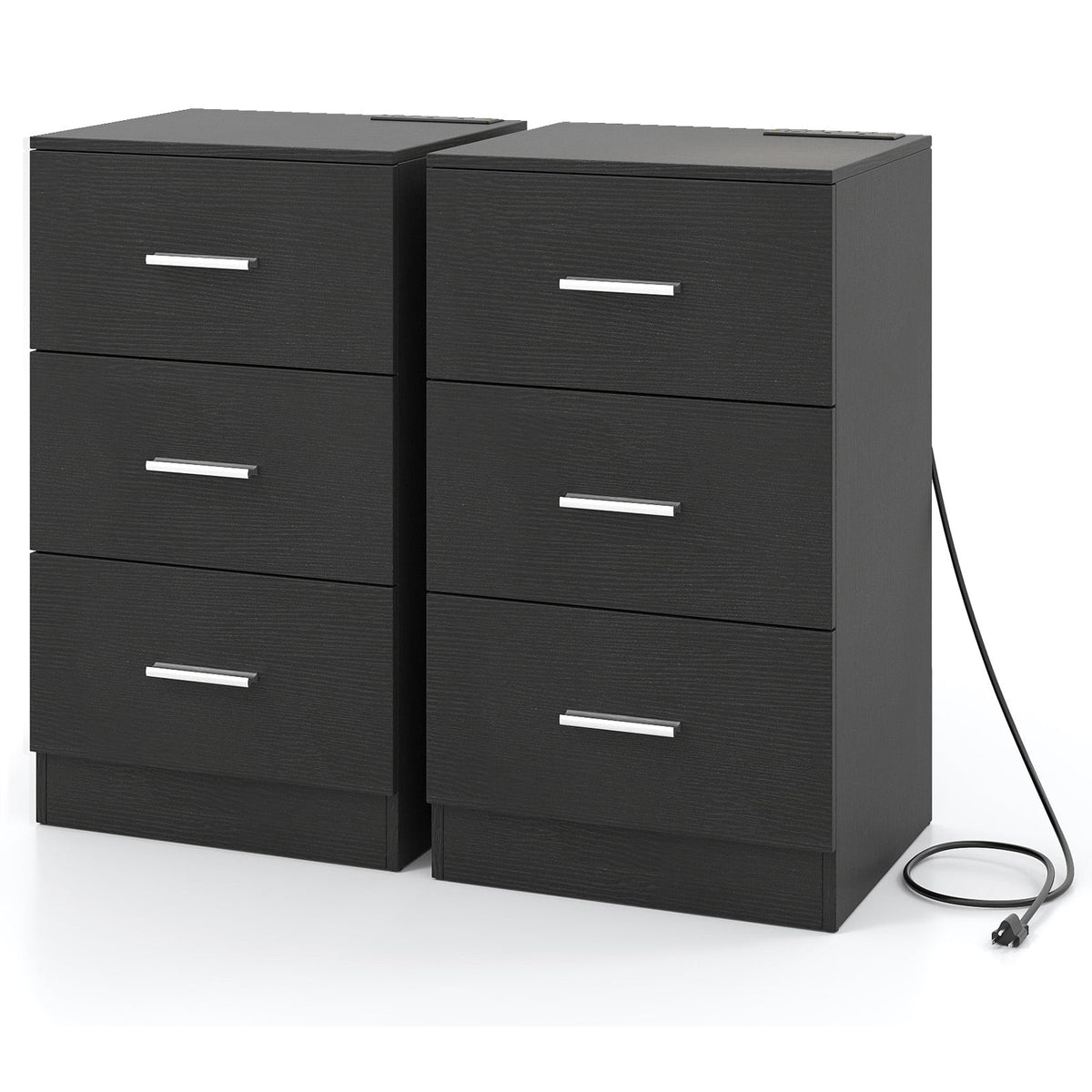 Set of 2 Nightstand with Charging Station End Table with 3 Storage Drawers Bedside Table for Bedroom-Black-Nightstands-DECOROLALA