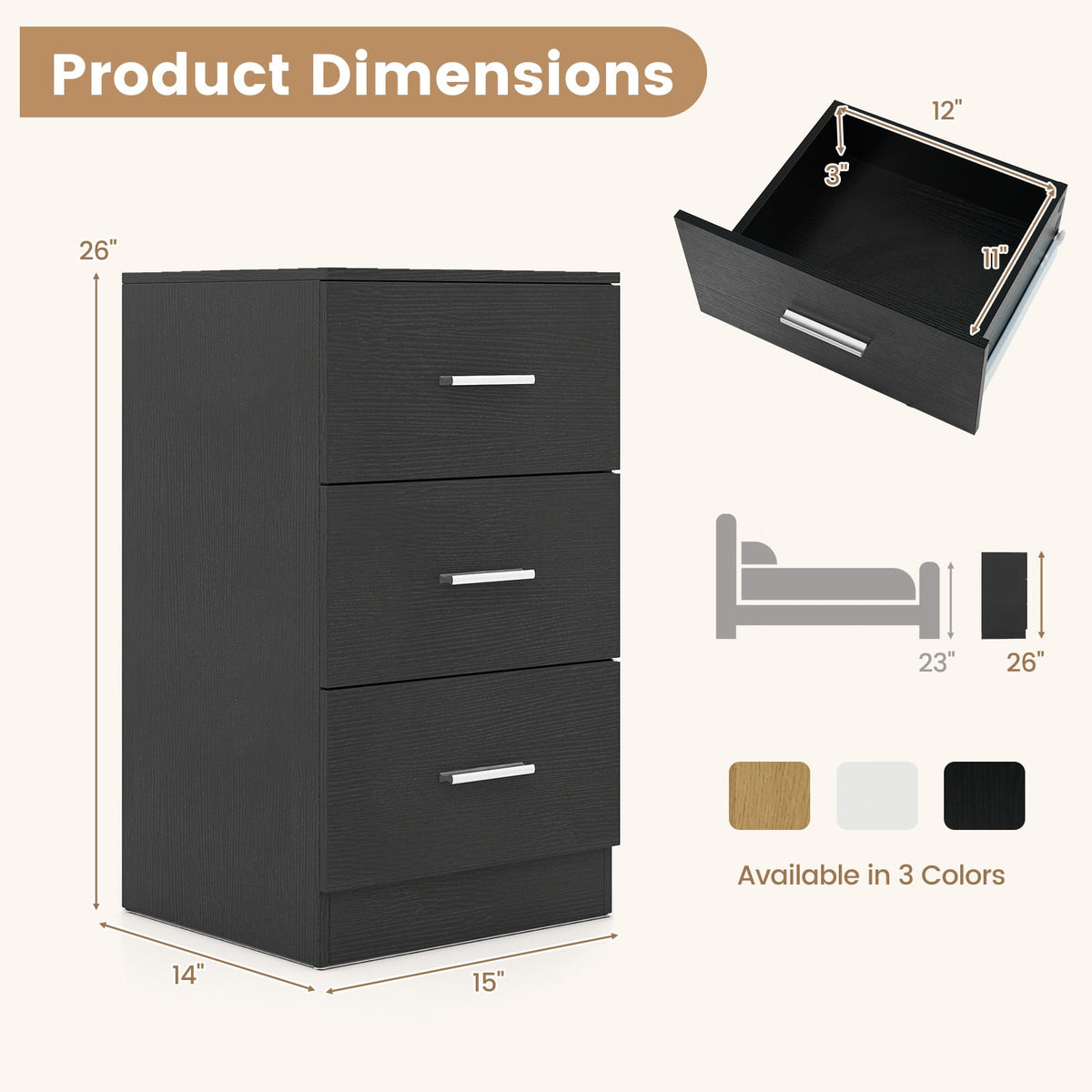 Set of 2 Nightstand with Charging Station End Table with 3 Storage Drawers Bedside Table for Bedroom-Black-Nightstands-DECOROLALA