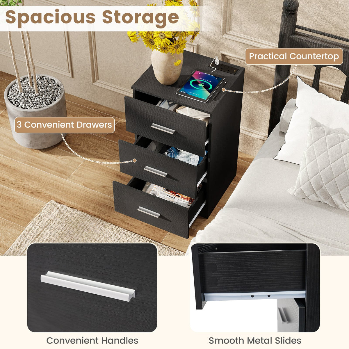 Set of 2 Nightstand with Charging Station End Table with 3 Storage Drawers Bedside Table for Bedroom-Black-Nightstands-DECOROLALA