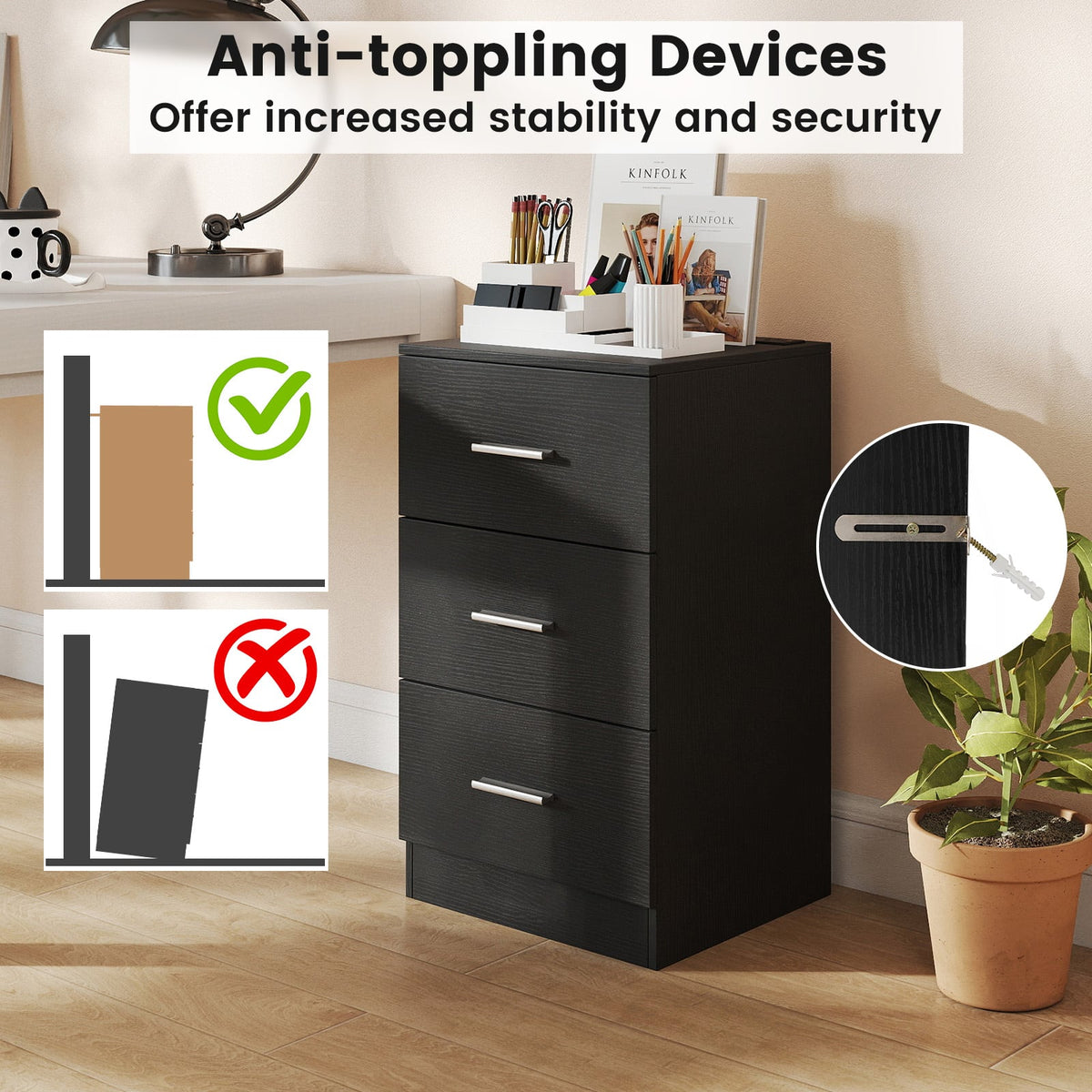 Set of 2 Nightstand with Charging Station End Table with 3 Storage Drawers Bedside Table for Bedroom-Black-Nightstands-DECOROLALA