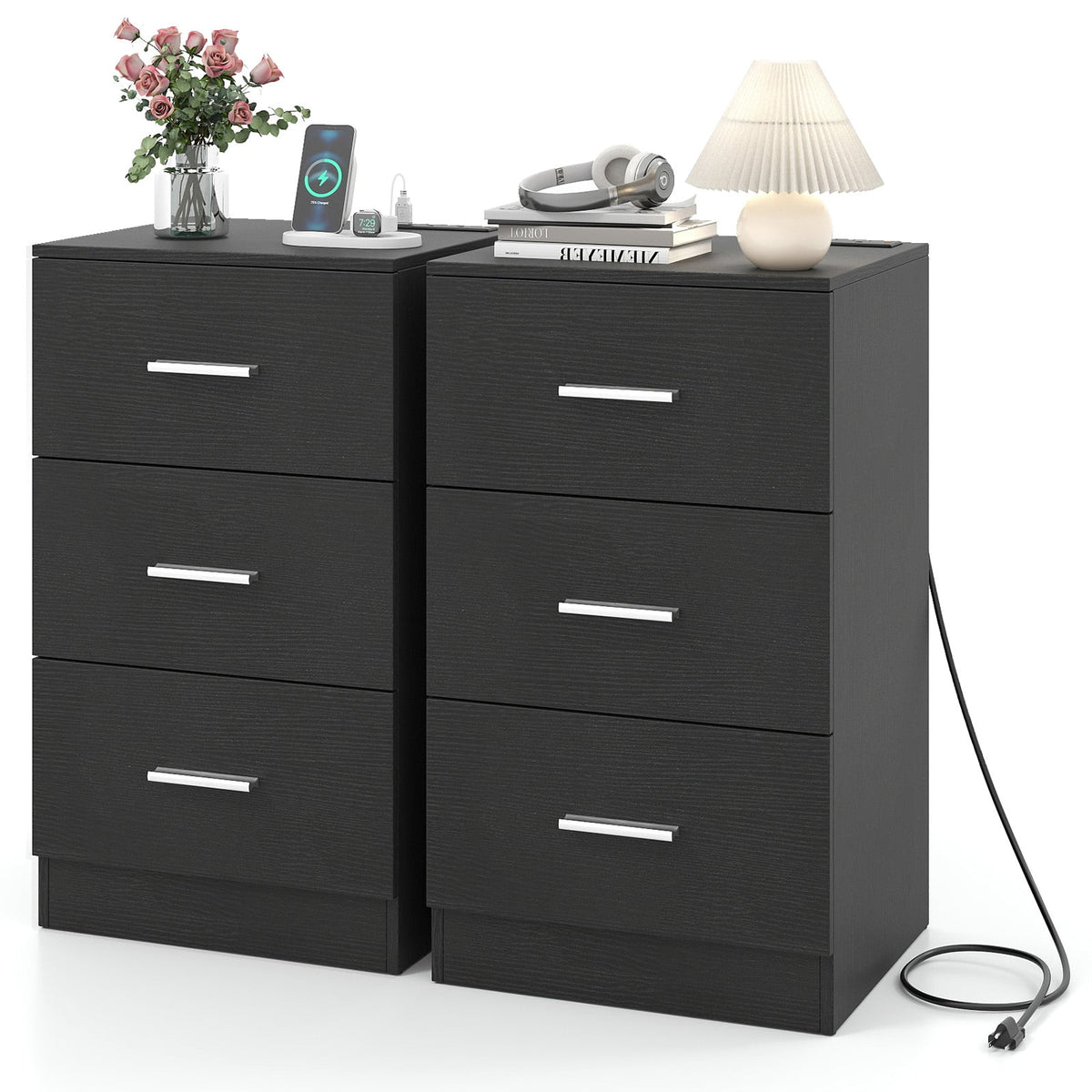 Set of 2 Nightstand with Charging Station End Table with 3 Storage Drawers Bedside Table for Bedroom-Black-Nightstands-DECOROLALA