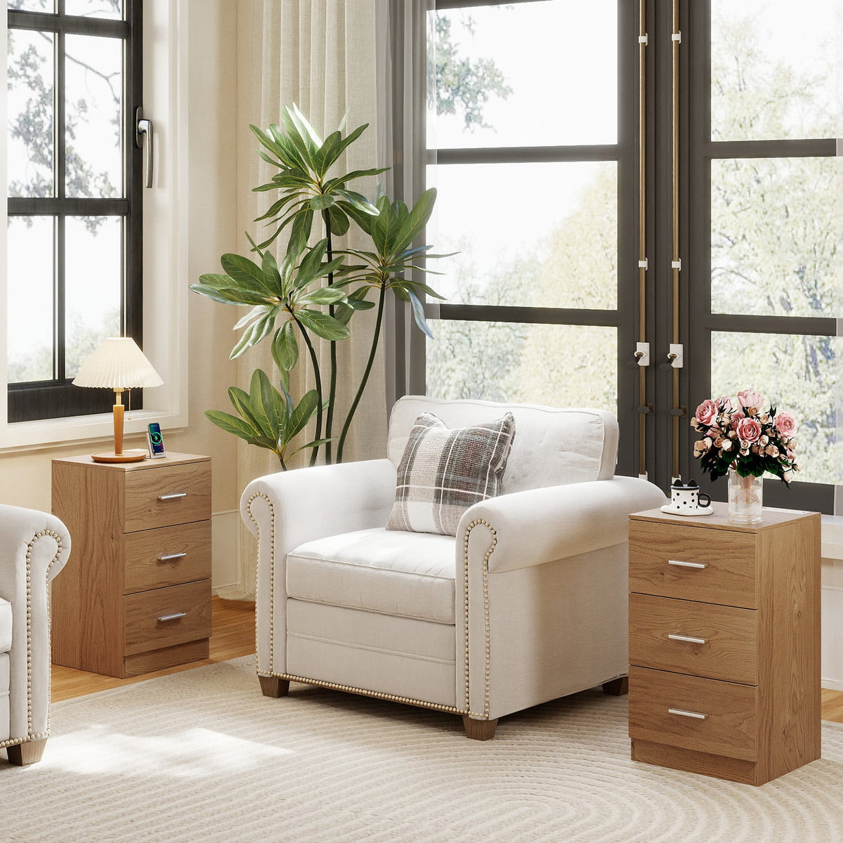 Set of 2 Nightstand with Charging Station End Table with 3 Storage Drawers Bedside Table for Bedroom-Natural-Nightstands-DECOROLALA