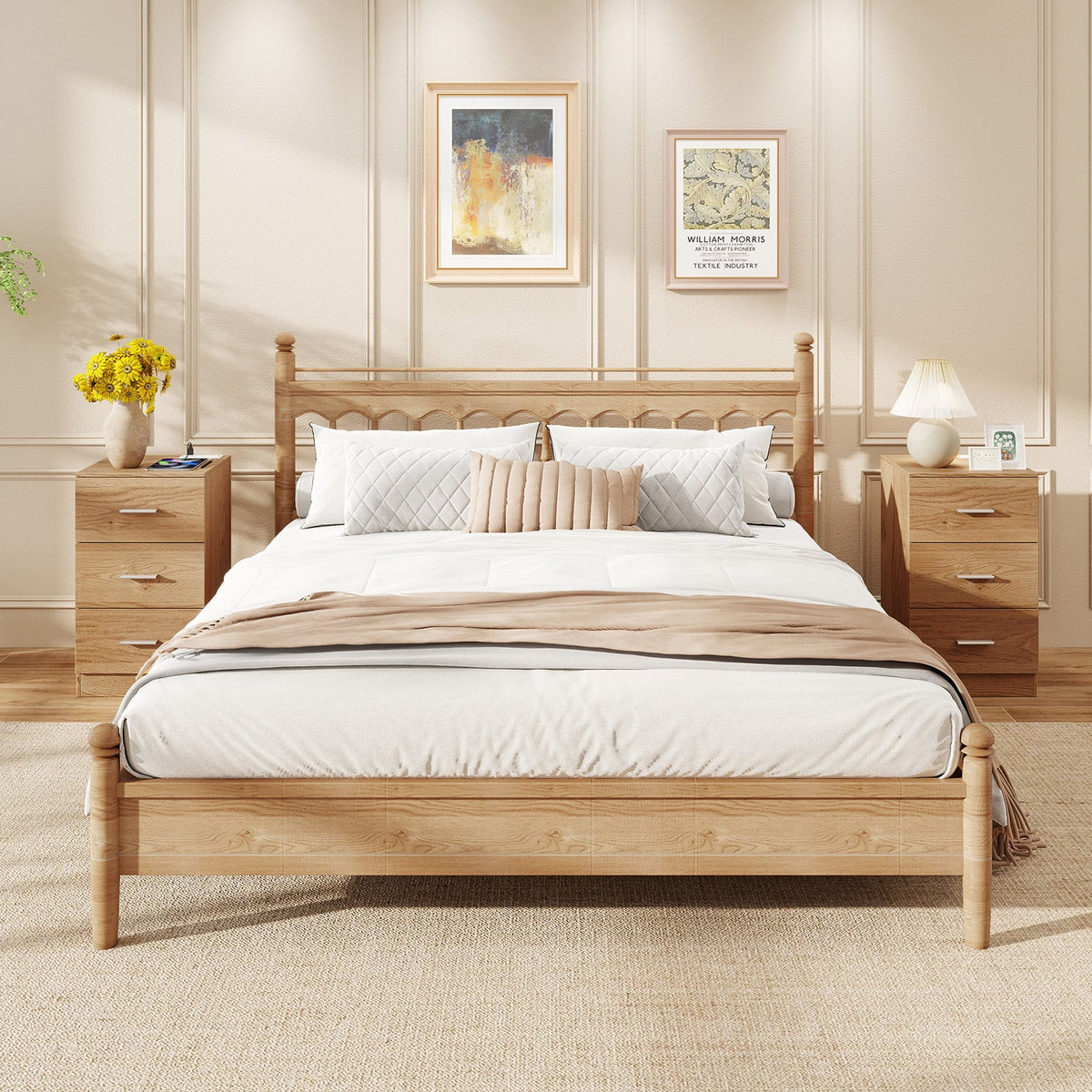 Set of 2 Nightstand with Charging Station End Table with 3 Storage Drawers Bedside Table for Bedroom-Natural-Nightstands-DECOROLALA