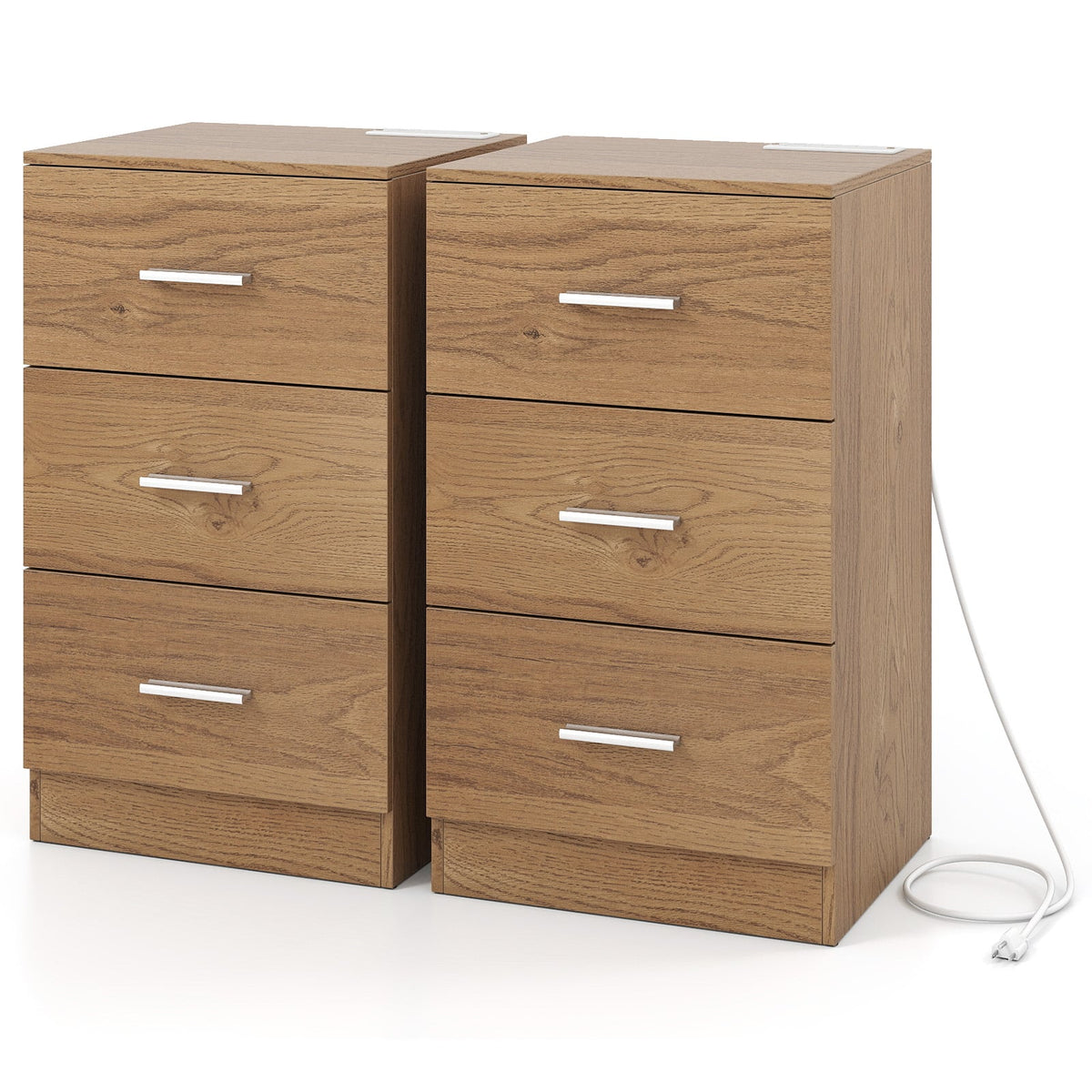 Set of 2 Nightstand with Charging Station End Table with 3 Storage Drawers Bedside Table for Bedroom-Natural-Nightstands-DECOROLALA