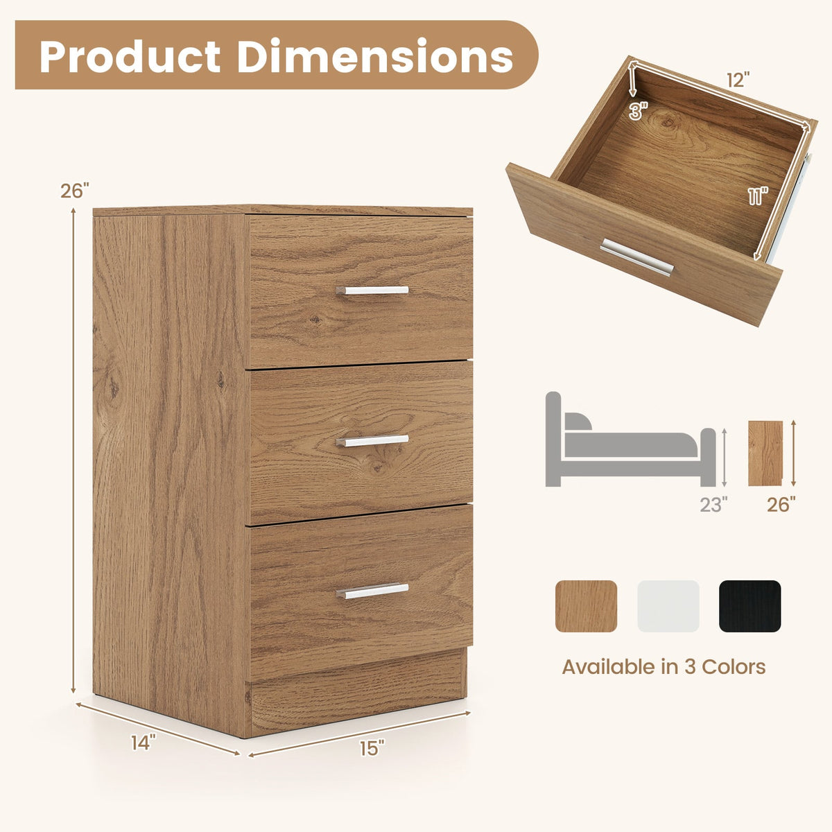 Set of 2 Nightstand with Charging Station End Table with 3 Storage Drawers Bedside Table for Bedroom-Natural-Nightstands-DECOROLALA