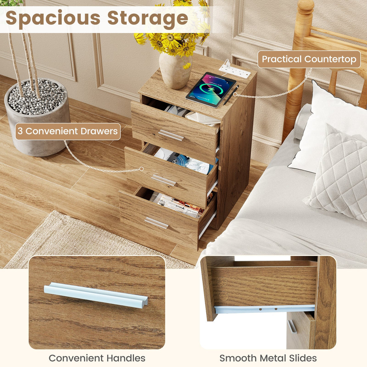 Set of 2 Nightstand with Charging Station End Table with 3 Storage Drawers Bedside Table for Bedroom-Natural-Nightstands-DECOROLALA