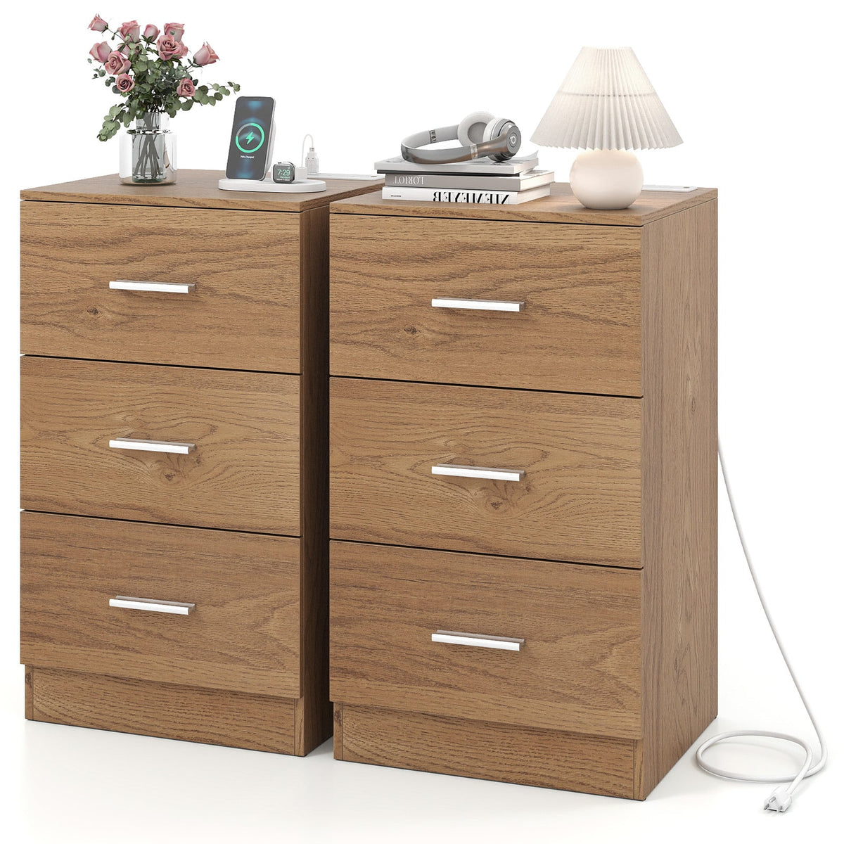 Set of 2 Nightstand with Charging Station End Table with 3 Storage Drawers Bedside Table for Bedroom-Natural-Nightstands-DECOROLALA