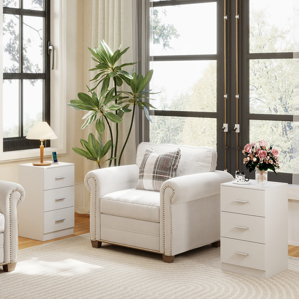 Set of 2 Nightstand with Charging Station End Table with 3 Storage Drawers Bedside Table for Bedroom-White-Nightstands-DECOROLALA