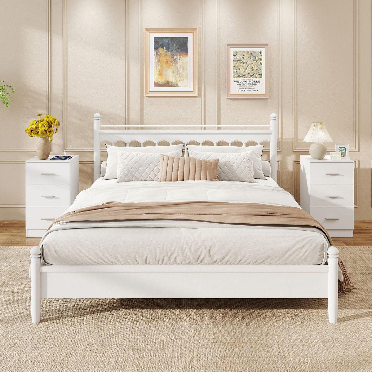 Set of 2 Nightstand with Charging Station End Table with 3 Storage Drawers Bedside Table for Bedroom-White-Nightstands-DECOROLALA
