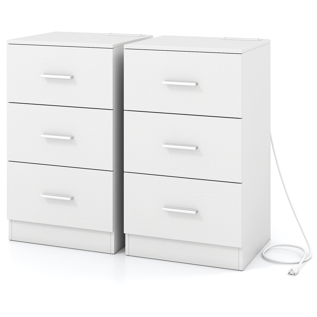 Set of 2 Nightstand with Charging Station End Table with 3 Storage Drawers Bedside Table for Bedroom-White-Nightstands-DECOROLALA