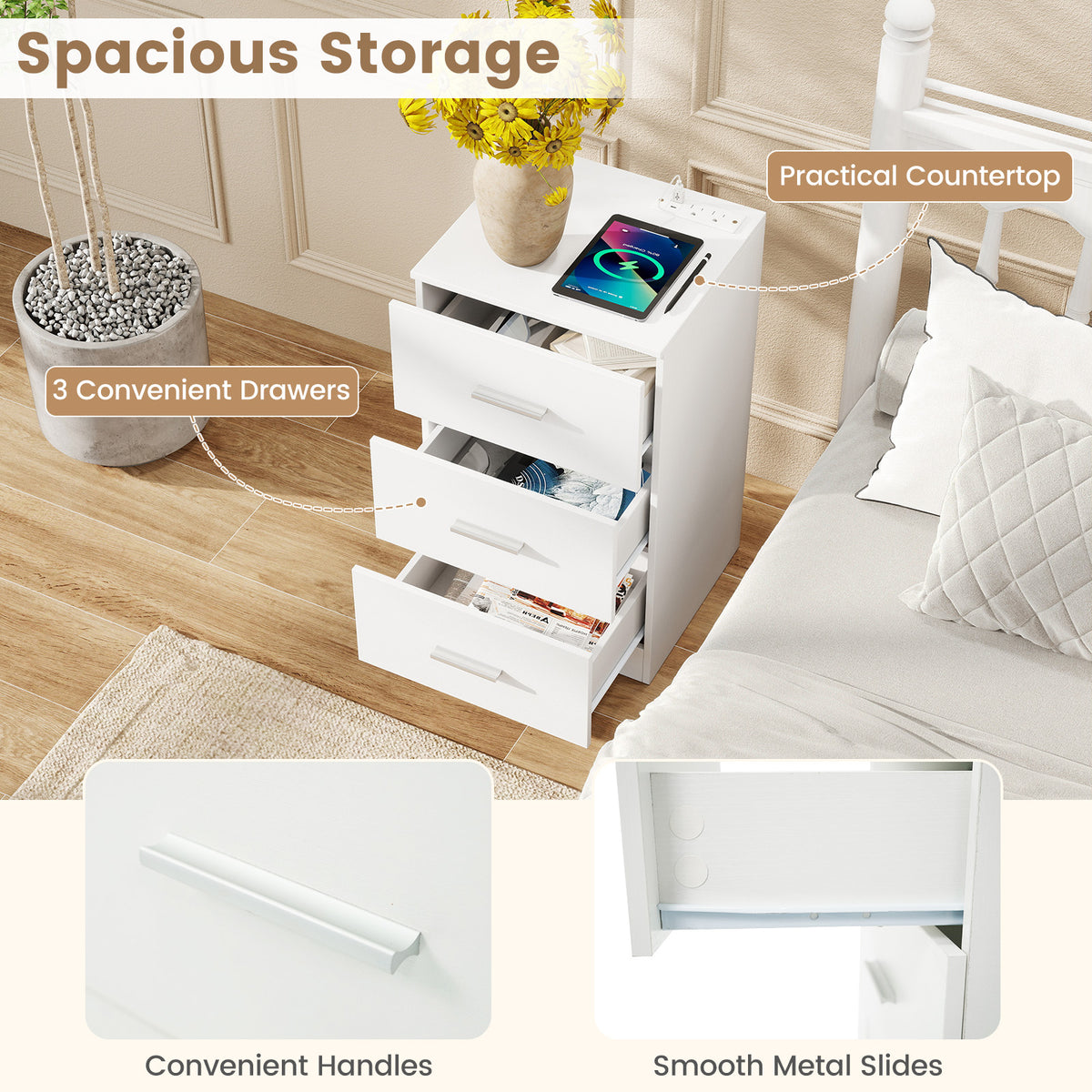 Set of 2 Nightstand with Charging Station End Table with 3 Storage Drawers Bedside Table for Bedroom-White-Nightstands-DECOROLALA
