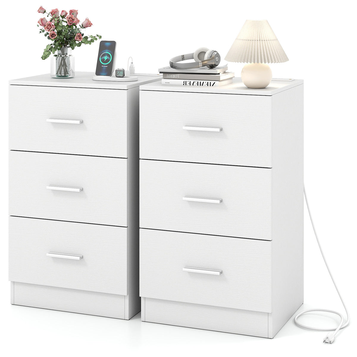 Set of 2 Nightstand with Charging Station End Table with 3 Storage Drawers Bedside Table for Bedroom-White-Nightstands-DECOROLALA
