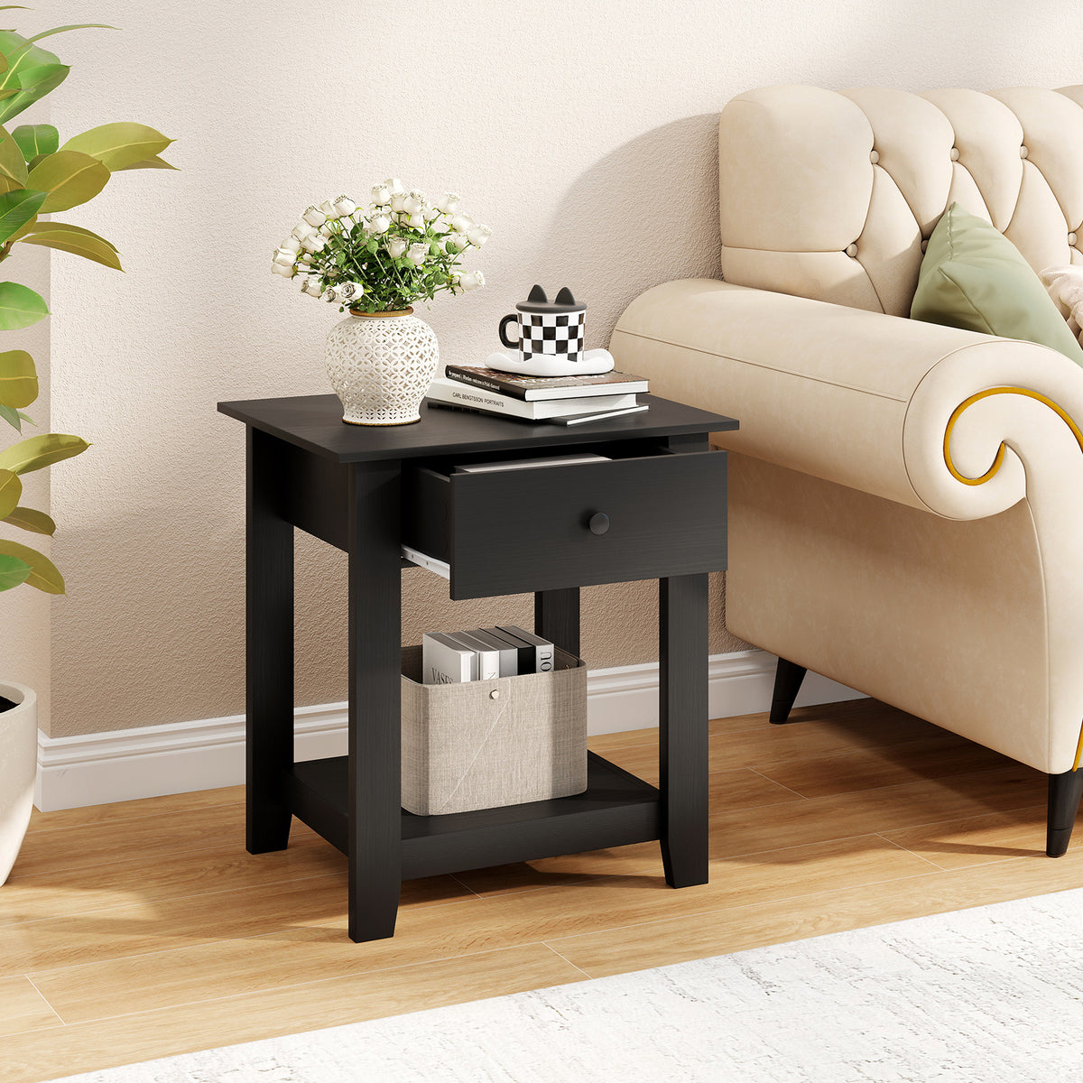 Set of 2 Nightstand with Drawer 3-Tier Modern Bedside Table with Open Shelf and Storage-Black-Nightstands-DECOROLALA