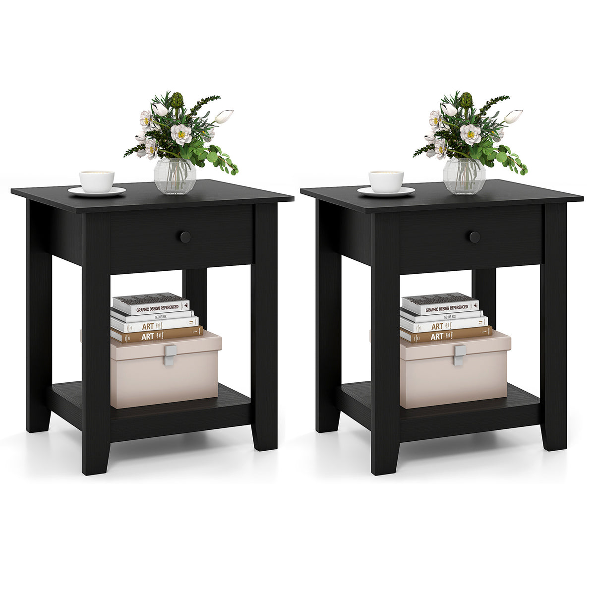 Set of 2 Nightstand with Drawer 3-Tier Modern Bedside Table with Open Shelf and Storage-Black-Nightstands-DECOROLALA